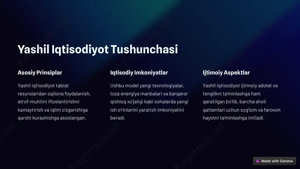 qonchilik finlandiya organik dehqonchilikni rivojlantirishga katta e'tibor qaratmoqda. bu esa kimyoviy o'g'itlar va pestitsidlardan foydalanishni kamaytirishga va tuproq unumdorligini oshirishga yordam beradi. 2 chorvachilikda barqarorlik chorvachilik sohasida hayvonlarning farovonligini yaxshilash, kasalliklarning oldini olish va chorvachilik chiqindilarini qayta ishlash bo'yicha chora- tadbirlar amalga oshirilmoqda. 3 oziq-ovqat xavfsizligi yashil qishloq xo'jaligi aholi uchun xavfsiz va sifatli oziq-ovqat mahsulotlarini yetkazib berishni ta'minlashga qaratilgan. https://gamma.app/?utm_source=made-with-gamma finlandiyadagi yashil moliya investitsiyalar finlandiya hukumati va xususiy kompaniyalar yashil texnologiyalar, toza energiya manbalari va barqaror infratuzilmani rivojlantirish uchun katta miqdordagi investitsiyalarni jalb qilmoqda. yashil obligatsiyalar mamlakatda atrof-muhitni muhofaza qilish va iqlim o'zgarishiga qarshi kurashishga qaratilgan loyihalarni moliyalashtirish uchun "yashil obligatsiyalar" bozori faol rivojlanmoqda. barqaror moliya finlandiya banklari va moliyaviy institutlari barqaror rivojlanish tamoyillarini o'z faoliyatlariga integratsiya qilmoqda va ekologik va ijtimoiy jihatdan mas'uliyatli loyihalarni qo'llab-quvvatlamoqda. https://gamma.app/?utm_source=made-with-gamma