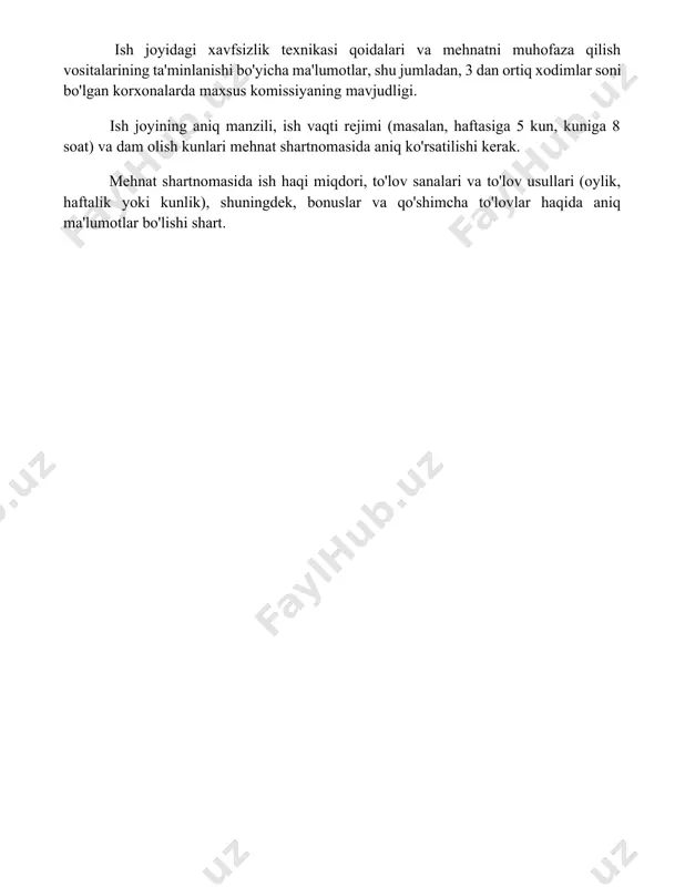 shartnomasida aniq ko'rsatilishi kerak. mehnat shartnomasida ish haqi miqdori, to'lov sanalari va to'lov usullari (oylik, haftalik yoki kunlik), shuningdek, bonuslar va qo'shimcha to'lovlar haqida aniq ma'lumotlar bo'lishi shart. 📌xulosa меҳнат шартномасининг мазмуни иш берувчи ва ходимнинг ҳуқуқ ва мажбуриятларини, меҳнат шароитини, иш ҳақини ва бошқа муҳим жиҳатларни аниқ белгилаб беради. ушбу шартнома икки томоннинг ҳуқуқий муносабатларини тартибга солади. 📚foydalanilgan adabiyotlar 1. ish shartnomasining mazmuni mehnat huquqining asosiy tamoyillaridan biri bo'lib, tomonlarning huquq va majburiyatlarini aniq belgilaydi