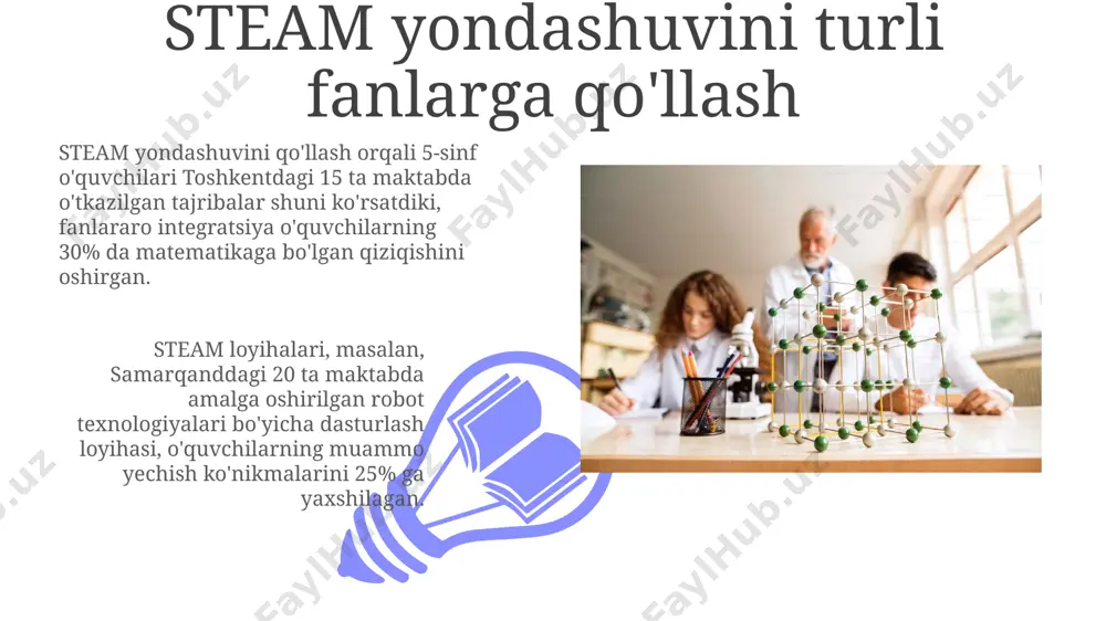 slik faniga bo'lgan qiziqishi 40% ga oshgan. 5-10-yoshli bolalar uchun toshkentdagi tabiatshunoslik darslarida steam printsiplarini qo'llash, 3d modellashtirish va dasturlash elementlarini integratsiya qilish orqali o'quv jarayonini yanada samarali va qiziqarli qiladi. innovatsion texnologiyalardan foydalanish toshkent shahridagi 15 ta maktabda 7-sinf oʻquvchilari bilan steam yondashuvi asosida olib borilgan 2 oylik eksperiment natijalariga koʻra, oʻquvchilarning fanlarga qiziqishi 25% ga oshdi. steam yondashuvi doirasida oʻzbekistonning 5 ta viloyatida 2023-yilda oʻtkazilgan 30 ta tabiatshunoslik fanidan ochiq darslar virtual reallik texnologiyalari yordamida yozib olinib, oʻqituvchilar uchun onlayn platformada joylashtirildi. steam ta'limining kelajagi o'zbekistonning steam ta'limiga o'tish strategiyasi doirasida 2025-yilgacha 100 ta yangi texnologiya laboratoriyalari tashkil etilib, 5000 dan ortiq o'qituvchi malaka oshirishi rejalashtirilgan. steam ta'limining kelajagi 2030-yilga borib, jahonning 50 ta rivojlangan mamlakatida asosiy ta'lim yo'nalishi sifatida o'rnatilishi va 15 million dan ortiq o'quvchini qamrab olishi kutilmoqda. talabalarning faol ishtiroki va hamkorlik 01 02 steam loyihasida 8-sinf o‘quvchilari andijon viloyatidan olingan 15 ta namunaviy tuproq …