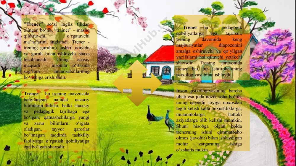 yout15.xml.rels ppt/slidelayouts/_rels/slidelayout16.xml.rels [content_types].xml образец заголовка образец текста второй уровень третий уровень четвертый уровень пятый уровень 7/21/2025 ‹#› psixologik trening asoslari fanidan tayyorlagan slaydi reja: “ trener ” so‘zi ingliz tilidan olingan bo‘lib, “trainer” – mashq qildiruvchi, o‘rgatuvchi ma’nolarini anglatadi. trener - trening guruhini tashkil etuvchi va guruh bilan ishlovchi shaxs hisoblanadi. uning asosiy maqsadi - insonlar o‘rtasida sog‘lom munosabatlarning bo‘lishiga erishishdir. t rener – bu trening mavzusida belgilangan nafaqat nazariy bilimlarni bilishi, balki shaxsiy va pedagogik tajribaga ega bo‘lgan, qatnashchilarga yangi va zarur bilimlarni o‘rgata oladigan, tayyor qarorlar bo‘lmagan taqdirda tashkiliy faoliyatga o‘rgatish qobiliyatiga ega bo‘lgan shaxsdir. t rener bu - pedagogik qobiliyatlarga ega, tajribali, trening davomida keng majburiyatlar diapozonini amalga oshiruvchi va qo‘yilgan vazifalarni hal qiluvchi yetakchi shaxsdir. trening jarayonida trener har bir ishtirokchining psixologiyasi bilan ishlaydi. inson psixologiyasining barcha jihati esa juda nozik soha bo‘lib, uning qaysidir joyiga noxosdan tegib ketish katta noxushliklarga, muammolarga, hattoki aziyatlarga olib kelishi …