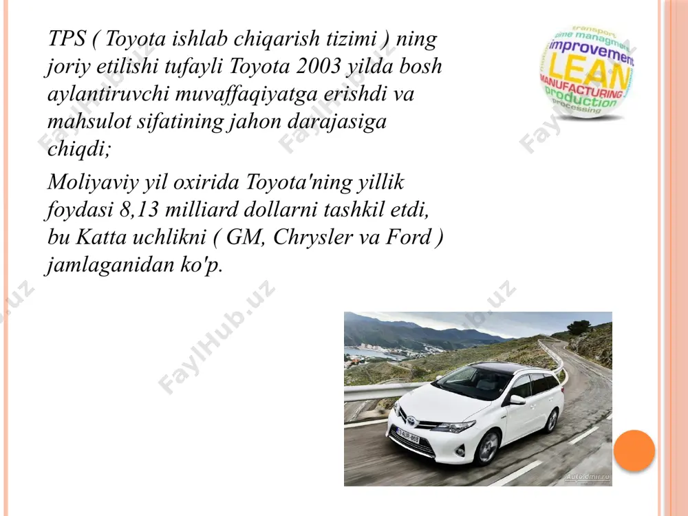 ishni tashkil etish sxemasi bo'lib, unda har bir ishlab chiqarish bosqichida mahsulot hajmi va uni ishlab chiqarish muddati faqat keyingi bosqichlarning ehtiyojlari (oxir oqibat mijozning ehtiyojlari) bilan belgilanadi. hajmlar unumdorlik bilan belgilanadigan surish bilan solishtirganda, tortish xomashyoga bo'lgan ehtiyojni, ishlab chiqarish xarajatlarini va inventar darajasini kamaytirishga imkon beradi. ayni vaqtida o'z vaqtida shunchaki ichida vaqt (faqat o'z vaqtida) - iste'molchi talabiga asoslangan ishlab chiqarishni boshqarish yondashuvi , bu kerakli vaqtda kerakli miqdorda ishlab chiqarish imkonini beradi. tizimni joriy etish qoidalari o'z vaqtida: iste'molchilarning arizalari mahsulot zaxiralariga emas, balki ishlab chiqarish quvvatlariga mos kelishi kerak minimal zahiralar sharoitida ishlab chiqarishni tashkil etish va boshqarishni doimiy ravishda ratsionalizatsiya qilish zarur, bu esa xato va kamchiliklarni o'z vaqtida bartaraf etish imkonini beradi. ishlab chiqarish jarayonining samaradorligini baholash uchun ilovalarni amalga oshirish muddati (to'liq ishlab chiqarish tsiklining davomiyligi) hisobga olinadi. firmaning butun xodimlarining fikrlash tarzini o'zgartirish. "qancha ko'p bo'lsa, shuncha yaxshi" degan fikrlash stereotipi …