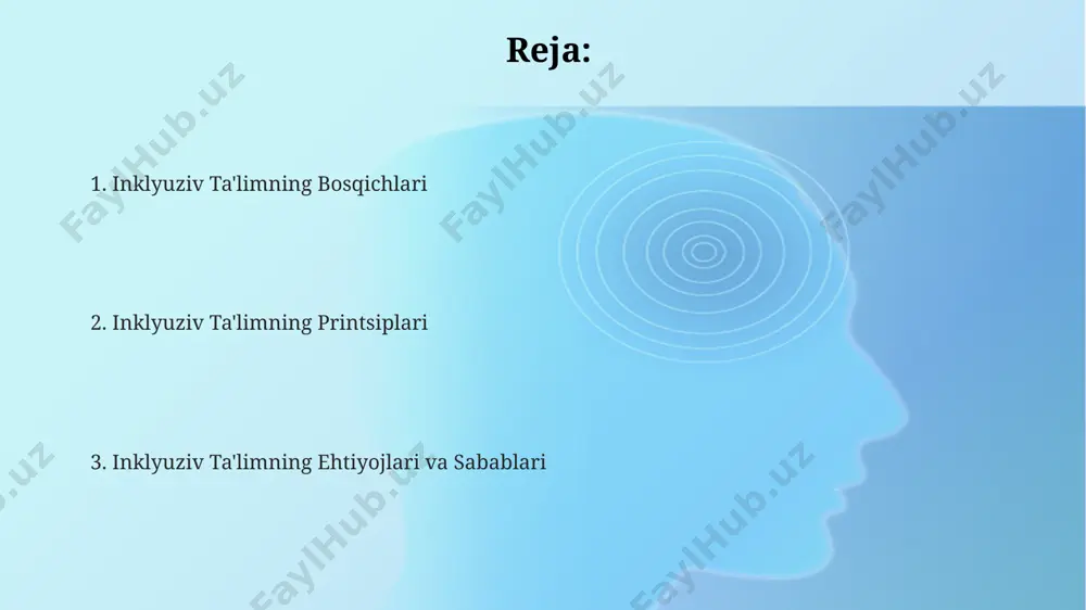 ferensial yondashuvni talab qiladi. inklyuziv ta'limga bo'lgan ehtiyojlar inklyuziv ta'limning asosiy ehtiyojlari qatoriga, maxsus pedagogika, psixologiya, defektologiya va logopediya xizmatlarini samarali ta'minlash, shuningdek, o'quv muassasalari infrastrukturasini moslashtirish kiradi. inklyuziv ta'limga bo'lgan ehtiyoj, 100 dan ortiq turdagi nogironligi bo'lgan bolalarni o'qitish usullarini takomillashtirish va ularning jamiyatga muvaffaqiyatli integratsiyalashuvini ta'minlash zaruriyatidan kelib chiqadi. statistik ma'lumotlar shuni ko'rsatadiki, inklyuziv ta'lim joriy etilmagan taqdirda, kamida 20% o'quvchilarning o'qishdagi yutuqlari sezilarli darajada pasayadi, bu esa kelajakda ijtimoiy-iqtisodiy muammolarga olib keladi. inklyuziv ta'limni amalga oshirishda to'siqlar inklyuziv ta'limni amalga oshirishda o'qituvchilarning malaka yetishmasligi, taxminan 70% o'qituvchilarning inklyuziv pedagogika bo'yicha yetarli tayyorgarligi yo'qligi katta to'siq hisoblanadi. moliyaviy resurslarning yetishmasligi, xususan, maxsus texnologiyalar, moslashtirilgan o'quv materiallari va qo'shimcha yordam xizmatlariga ajratilgan mablag'larning 30% dan kam bo'lishi inklyuziyani cheklaydi. ijtimoiy-madaniy to'siqlar, jumladan, nogironlarga nisbatan salbiy munosabatlar va ularni jamiyatga integratsiyalash bo'yicha kam xabardorlik, inklyuziv ta'limning samaradorligini 40% ga pasaytirishi mumkin. inklyuziv ta'limning muvaffaqiyatli misollari kanada maktablari, o‘quvchilarning turli xil …