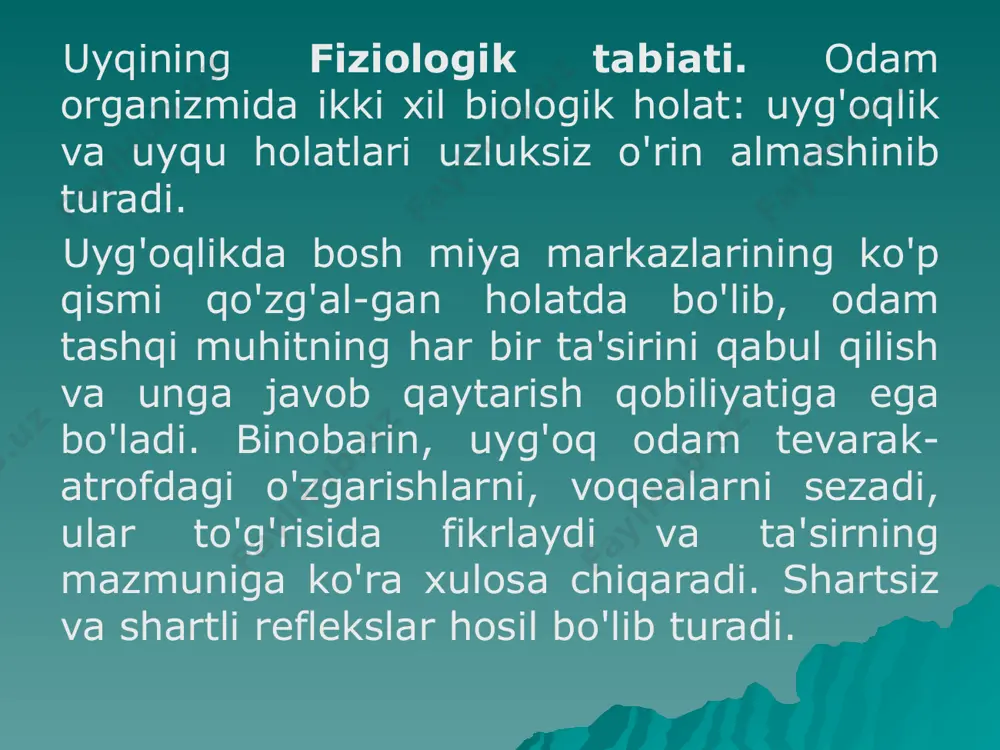 lishi qollanilgan narkotik moddaning miqdoriga va kimyoviy xususiyatiga bogliq. narkotik uyqu tibbiyotda har xil operatsiyalar olkazishda qollaniladi. uyqi kasalliklar oyparastlik uyqisizlik (insoniya agripiniya) letariya oyparast kasalligida odam tungi uyqu vaqtida kechasi o'rnidan turib uydagi buyumlarni yiglshtiradi, o'rnini o'zgartiradi, derazani ochadi, hovliga chiqadi, ba'zilari esa devorga chiqadi, hatto ko'chaga chiqib ketib, yana qaytib kelib o'rniga yotadi va uyquni davom ettiradi. ertasi kuni hech narsani eslay olmaydi. buning sababi odam nerv sistemasining ola charchashi, hayajonlanishi, qo'rqish, oglr kasalliklar natijasida bosh miya nerv hujayraiarida qo'zg'alish va tormozlanish jarayonlari muvdzanatining buzilishidir. bunday odamlar, ayniqsa bolalar yolglz uxlamasligi kerak, ya'ni ulaming yonida yaqin kishilari bolgani ma'qul. tungi vaqtda xonada yoruglik bolmasligi kerak. bu kasallikka uchragan odamlar asab-ruhiy kasalliklari shifokori maslahati asosida davolanadilar. letargiya uyqusi — bu kasallik holati bo lib, odamda to'sat-dan yuzaga keladi. odam chuqur uyquga ketadi. uning nafas olishi va yurak urishi sekinlashib, hatto sezilmaydigan darajada boladi. shuning uchun bunday odamni ba'zan o'lgan …