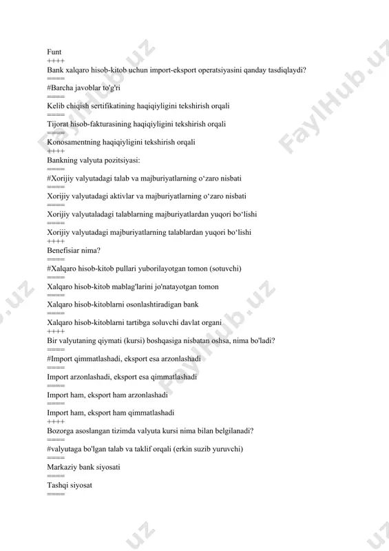am, eksport ham arzonlashadi ==== import ham, eksport ham qimmatlashadi ++++ bozorga asoslangan tizimda valyuta kursi nima bilan belgilanadi? ==== #valyutaga bo'lgan talab va taklif orqali (erkin suzib yuruvchi) ==== markaziy bank siyosati ==== tashqi siyosat ==== to'g'ri javob yo'q ++++ milliy valyuta - bu … ==== #emitent mamlakatning pul birligi ==== xorijiy (chet el) mamlakatining pul birligi ==== xalqaro valyuta-kredit tashkilotlari tomonidan chiqariladi ==== emissiya qilinmaydigan valyuta ++++ xorijiy valyuta - bu … ==== #xorijiy (chet el) mamlakatining pul birligi ==== emitent mamlakatning pul birligi ==== xalqaro valyuta-kredit tashkilotlari tomonidan chiqariladi ==== emissiya qilinmaydigan valyuta ++++ kollektiv valyuta - bu … ==== #xalqaro valyuta-kredit tashkilotlari tomonidan chiqariladi ==== xorijiy (chet el) mamlakatining pul birligi ==== emitent mamlakatning pul birligi ==== emissiya qilinmaydigan valyuta ++++ kollektiv valyutaga misol keltiring? ==== #sdr vayevro ==== aqsh dollari ==== o'zbek so'mi ==== rossiya rubli ++++ buyuk britaniyada qaysi valyutadan foydalaniladi? ==== #britaniya funti …