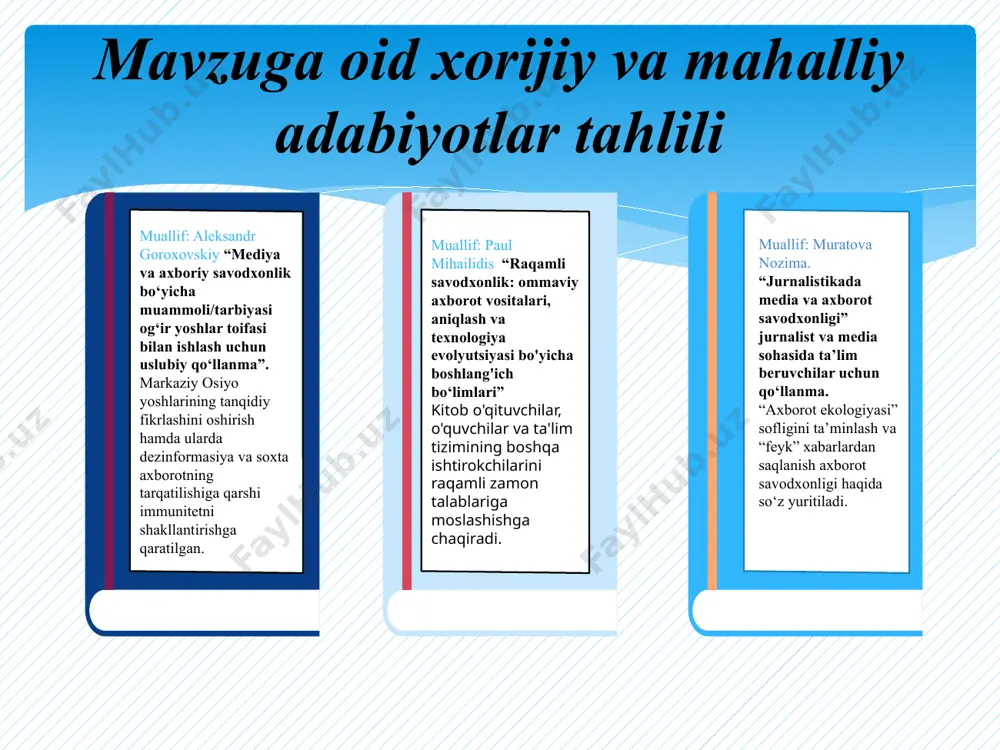 lab ta’lim muassasalarida 6 yoshdan 19 yoshgacha bo‘lgan bolalar hamda yoshlar uchun mo‘ljallangan o‘quv predmetini o‘qitish joriy qilingan va boshlang‘ich va o‘rta sinflarda majburiy fan sifatida o‘qitilishiga erishilgan 3. 2022-yil 24- sentabrda toshkent shahrida “mediasavodxonlik uyi” tashkil etildi. moldova 2017-yildan boshlab boshlang‘ich va o‘rta maktablarda “raqamli ta’lim” kursi o‘qitila boshlandi. xulosa huquqiy ong va fuqaroviy mas’uliyat oshadi. akt va axborot madaniyati rivojlanadi it sohasiga qiziquvchi o‘quvchilar aniqlanadi va ularni kelajak kasblariga tayyorlanadi o‘z vaqtini qadrlaydigan, kitobxon yoshlar safi ko‘payadi, takliflar это другой параметр для обзорного слайда. axborotlashtirish va axborotlar bilan ishlashga oid huquqiy-normativ hujjatlar bilan o‘qituvchi va o‘quvchilarni tanishtirish, huquqiy savodxonligini oshirish, fuqaroviy huquq va majburiyatini anglatish, maktab o‘qituvchilari uchun axborotlardan foydalanish qo‘llanmalarini yaratish o‘qituvchilar va o‘quvchilarning darsdan keyin akt savodxonligini oshirish va fanlarni o‘qitishda mediamadaniyatni metodikalarga singdirib borish uchun tizimli ravishda seminarlar, treninglar tashkil etish, o‘quvchilarni si kurslariga jalb qilish maktab foyelari, yo‘laklar, sinf xonalari va arm markazlarida ta’limni …