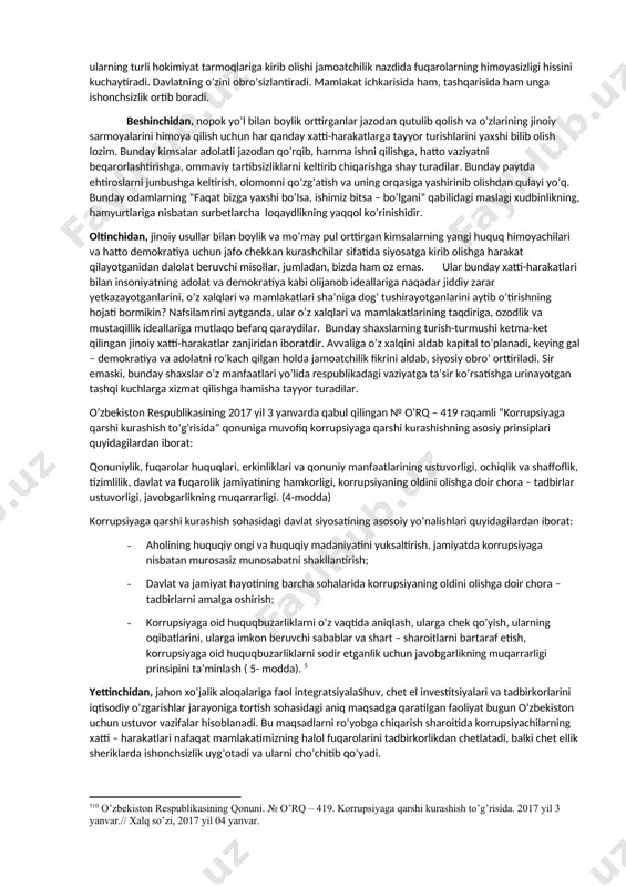 rpo etilmaganligi korrupsiyaviy jinoyatlarni sodir etilishiga, uning miqyosi yanada kengayib odatlarga aylanib borishiga, oqibatda esa milliy taraqqiyot va xavfsizlikka tahdid soluvchi real xavf manbaiga aylanishiga olib keladi. hozirda davlat tomonidan ko’rsatiladigan ijtimoiy xizmatlar sohasida korrupsiyaning haddan tashqari ko’p uchrashi fuqarolarni qiyin bir ahvolda qoldirmoqda. ayniqsa sog’liqni saqlash va ta’lim sohasida korrupsiyalashgan xodimlarning jazolanmasdan erkin o’z bilganlaricha ish tutishi, fuqarolardan bezbetlarcha pora so’rash hollari davlatni fuqaro nazarida obro’sini tushirmoqda. birgina misol: o’zbekistan respublikasi bosh prokuraturasi keltirgan ma’lumotlarga ko’ra andijon viloyati o’rta-maxsus kasb-hunar boshqarmasining mansabdorlari xizmat vazifasini suiiste’mol qilib, viloyatdagi bir qator kollejlarda bajarilgan qurilish ishlari hajmiga qo’shib yozish, soxta dalolatnomalar tuzish orqali 357,2 mln. so’mlik byudjet mablag’larining talon-toroj qilinishiga yo’l ochib berishgan. korrupsiyaning mamlakatimiz xavfsziligiga solayotgan tahdidlari quyidagilardan iborat: birinchidan, siyosiy jihatdan olganda, korrupsiya amalga oshirilayotgan islohotlarga qarshilik ko’rsatish ifodasidir. unda o’z umrini yashab bo’lgan, yangi iqtisodiy munosabatlarni o’ziga qarshi tahdid deb bilgan holda, ularning rivojlanishini sekinlashtirib qo’yishga harakat qiladigan ma’muriy-buyruqbozlik …