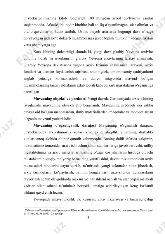 chun jahon standartlariga javob beruvchi, milliy mentalitetimiz va arxiv materiallarimizning о‘ziga xos jihatlarini hisobga oluvchi mustahkam huquqiy-me’yoriy bazasining yaratilishini, davlatimiz tomonidan arxiv muasasalari binolarini qayta qurish, ta’mirlash, yangi uskunalar bilan jihozlash, arxiv tarmoqlarini kо‘paytirish, tizimini kengaytirish, arxivshunos mutaxasslarni tayyorlash uchun oliygohlarda maxsus yо‘nalishlarni ochish va ular orqali malakali kadrlar bilan sohani ta’minlash borasida amalga oshirilayotgan keng kо‘lamli ishlarni qayd etish lozim. yevropada arxivshunoslik va, xususan, arxiv nazariyasi va tarixshunosligi masalalari bо‘yicha quyidagi olimlar ilmiy izlanishlarni amalga oshirganlar: yakob fon rammingen, baltazar bonifatsiy, agasfer fritch, karl sinkernageln, n.n.ergard, f.l.medom, s.myuller, i.feyt va r.fruin, pyer fransua frunye, j.rishu, sh.langlua, s.myullera, y.feyta, r.fruina, ye.sebastyani, p.taddi, g-xoltsinger, p.pekkyai, g.breslau, f.kyuvelye va boshqalar arxivlarning sо‘nggi о‘rta asrlardan xx asrgacha bо‘lgan davrda taraqqiy etishi, ularga doir muammolar, nazariy qarashlar, amaliy tavsiyalar, arxivlarda ish yuritish, hujjatlarni tartibda saqlash va boshqa arxivshunoslikka doir mavzularni tadqiq qilganlar[footnoteref:2]. kurs ishining ilmiy yangiligi xorijiy tarixshunos, arxivshunos olimlar va arxiv ishi mutaxassislari …
