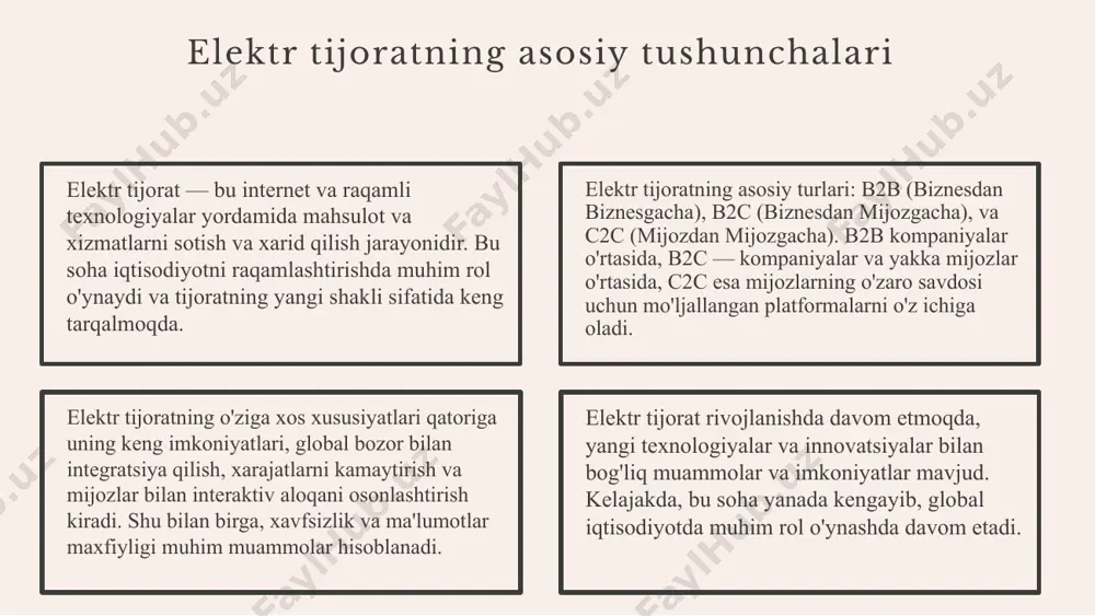a xavfsizlikni ta'minlash uchun muhimdir. muammolar va xavfsizlik masalalari uchun yechimlar ishlab chiqilmoqda. kelajakda elektron tijorat texnologiyalari va innovatsiyalar bilan yanada rivojlanadi, bu esa biz uchun yangi imkoniyatlar ochadi. elektr tijorat iqtisodiyotimizda muhim o'rin tutadi, rivojlanishda davom etmoqda va kelajakda yanada katta rivojlanish uchun tayyor bo'lishimiz kerak. foydalanilgan adabiyotlar 1. o‘zbekiston elektron tijorat assotsiatsiyasi. elektron tijorat rivojlanishi va istiqbollari. o‘zbekiston: o‘zbekiston elektron tijorat assotsiatsiyasi, 2020. 2. ismoilov, s. elektron tijorat va uning biznesdagi o‘rni. tashkent: yangi zamonaviy nashr, 2019. 3. bekbossarov, d. elektron tijoratda xavfsizlik va himoya. toshkent: innovatsiya nashriyoti, 2021. 4. xalqaro elektron tijorat akademiyasi. elektron tijoratning amaliy qo‘llanilishi va muvaffaqiyatli misollar. xalqaro nashrlar, 2022. 5. qodirov, m. elektron tijoratning rivojlanish tendensiyalari va texnologik innovatsiyalar. o‘zbekiston milliy universiteti, 2021. e'tiboringiz uchun rahmat! image1.jpeg image2.png image3.png image4.png image8.jpg image7.png
