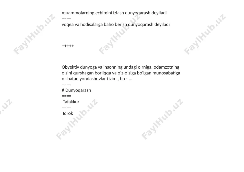 sxolastika va din ==== tabiat va din ==== sxolastika va tabiat ==== falsafada ajralishlar bо‘lmadi +++++ quyidagi ta’limotlarning qaysi biri borliq muammolarini o‘rganadi? ==== gnoseologiya ==== aksiologiya ==== #ontologiya ==== metodologiya +++++ qaysi javobda borliq kategoriyasiga to‘liq ta’rif berilgan? ==== borliq abadiy, u hamisha mavjud, uni tashkil etgan narsalar o‘tkinchidir ==== #borliq - olamning integral xarakteristikasini ifodalovchi kategoriya bo‘lib, narsa va jarayonlarning mavjud bo‘lgani tu-fayli yaxlit ekanini, ular orasida umumiy aloqadorlik borli-gini ko‘rsatadi ==== borliq - ob’ektiv va sub’ektiv reallikdir ==== borliq narsa va jarayonlarni mavjudligini ifodalaydi +++++ qaysi javobda borliqning mavjudlik usullari to‘g‘ri ko‘rsatilgan? ==== materiya va tabiat ==== #materiya va ruh ==== ruh va inson ==== ma’naviyat va ruh +++++ borliqning asosini ham moddiylik, ham ma’naviylik tashkil qiladi, degan mulohaza qaysi ta’limotga asoslangan? ==== monism ==== #dualizm ==== plyuralizm ==== idealism +++++ quyidagi misollardan qaysi qatordagisi faqat ruh olamiga mansub? ==== makon, zamon, harakat ==== shahar, qishloq, aholi …