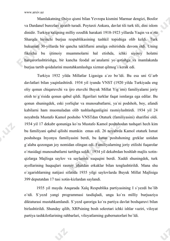 shu o`zgarishlarning natijasi sifatida 1935 yilgi saylovlarda buyuk millat majlisiga 399 deputatdan 17 tasi xotin-kizlardan saylandi. 1935 yil mayda anqarada xalq respublika partiyasining i s`yezdi bo`lib o`tdi. s`yezd yangi programmasi tasdiqladi, unga ko`ra milliy burjuaziya diktaturasi mustahkamlandi. s`yezd qaroriga ko`ra partiya davlat boshqaruvi bilan birlashtirildi. shunday qilib, xrpsining bosh sekretari ichki ishlar vaziri, viloyat partiya tashkilotlarining rahbarlari, viloyatlarning gubernatorlari bo`ldi. xuddi shu vaqtda buyuk majlis orqali xokimiyatni yanada markazlashtirish va joylarda nazoratni kuchaytirish to`g`risida bir qancha qarorlar qabul qilindi. 1934 yil dekabrida 1926 yil qonunlariga o`zgartirishlar kiritildi, endi xar bir viloyatda bosh ma`muriy yig`im saylanadigan bo`ldi. 1936 yil yanvarda uukumat sharqiy anatoliyada 5 ta yangi viloyatga asos soldi.: chorux, xakkyari, bitlis, bingyol, gunjeli. bu viloyatlarning asosiy auolisi kurdlar edi. ammo shunga qaramay yana mamlakatda kurd muamosi avj oldi,majlis bir qator qonunlar qabul qildi. turk uukumati bu safar dereimda yashovchi kurdlarni butunlay buysundirishga uarakat qildi, chunki bu uudud auolisi uzlarining ichki …