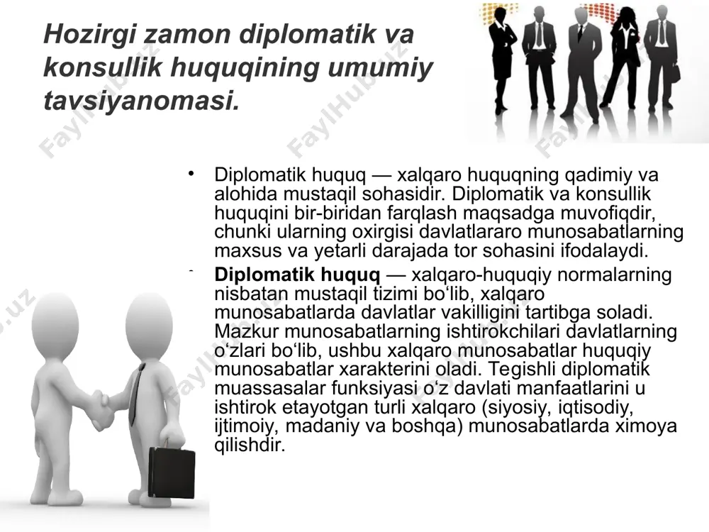 atik huquq — «tashqi aloqalar huquqi» deb nomlash lozim bo‘lgan xalqaro huquq institutining bir qismidir, chunki xalqaro huquq normalari bilan tartibga solinadigan xalqaro munosabatlarda nafaqat davlatlar, balki boshqa subektlar, xususan, xalqaro tashkilotlar — universal, regional (bmt ustavi mazmunida) va maxalliy, xalqaro organlar va o‘z tashqi aloqalarini ular nomidan qatnashuvchi tuzilmalar orqali ifoda etuvchi boshqa xalqaro instituglar ishtirok etadi. tashqi aloqalar huquqi tashqi aloqalar huquqi — xalqaro-huquqiy normalarning shunday tizimiki, u xalqaro munosabatlarda xalqaro huquq. subektlari vakilligini tartibga soladi. bu, asosan, odat normalari sanaladi. biroq, universal xarakterdagi konvensiyalar (masalan, birlashgan millatlar tashkiloti imtiyoz va immunitetlari to‘g‘risidagi 1946 yil konvensiyasi va ixtisoslashgan muassasalar imtiyoz va immunitetlari to‘g‘risidagi 1947 yil konvensiyasi) ham mavjud. diplomatik huquq diplomatik huquq — davlatning tashqi aloqalari sohasida faoliyagg yurituvchi organlari maqomi va funksiyalarini tartibga soluvchi normalar yig‘indisini ifodalovchi xalqaro huquq sohasidir. diplomatik huquq tizimi diplomatiyaning asosiy shakllariga: birinchidan, diplomatik vakolatxonalar yoki tuzilgan shartnomaning bajarilishini ta’min etishga xizmat qiluvchi …