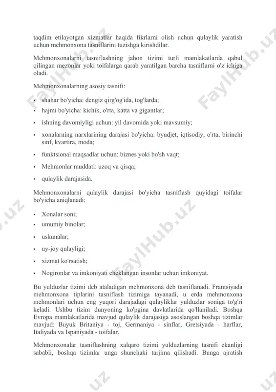 iga tayanadi, u erda mehmonxona mehmonlari uchun eng yuqori darajadagi qulayliklar yulduzlar soniga to'g'ri keladi. ushbu tizim dunyoning ko'pgina davlatlarida qo'llaniladi. boshqa evropa mamlakatlarida mavjud qulaylik darajasiga asoslangan boshqa tizimlar mavjud: buyuk britaniya - toj, germaniya - sinflar, gretsiyada - harflar, italiyada va ispaniyada - toifalar. mehmonxonalar tasniflashning xalqaro tizimi yulduzlarning tasnifi ekanligi sababli, boshqa tizimlar unga shunchaki tarjima qilishadi. bunga ajratish osonroq bo'lishi uchun jadvalda yulduzlar bo'yicha tasniflash evropa davlatlarining boshqa tizimlari bilan qanday bog'liqligini ko'rsatadi. yulduzlarga ko'ra mehmonxonalar tomonidan qanday xizmatlar ko'rsatiladi? kategoriyalar 1 * bunday mehmonxonalar shahar markazida ham, shaharning chekka joylarida ham joylashtirilishi mumkin, ular oz sonli xonalarga mo'ljallangan bo'lib, borar vaqtida cheklovlar mavjud. bunday mehmonxonada sayyoh hech qanday oziq-ovqatsiz yotoq va dushga tayanishi mumkin. xona ikki yoki undan ortiq kishiga mo'ljallangan. xonada yotoq xonalari, stullar, stullar, shkaf, lavabo va sochiq, har bir kishi uchun ikki dona miqdorda. zalda hammom, dush, onini va televizor mavjud. xonalar …