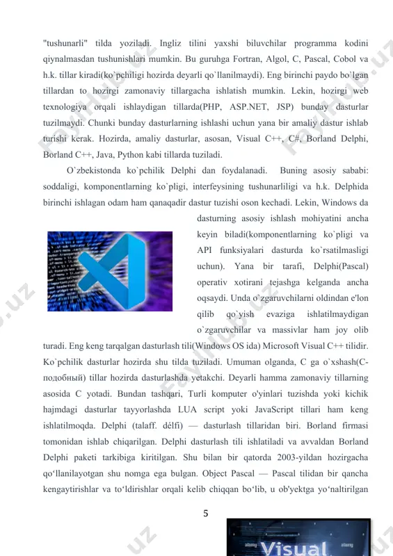 ilayotgan shu nomga ega bulgan. object pascal — pascal tilidan bir qancha kengaytirishlar va toʻldirishlar orqali kelib chiqqan boʻlib, u ob'yektga yoʻnaltirilgan dasturlash tili hisoblanadi. avvaldan ushbu dasturlash muhiti faqatgina microsoft windows amaliyot tizimi uchun dasturlar yaratishga mo'ljallangan, keyinchalik esa gnu/linux hamda kylix tizimlari uchun moslashtirildi, lekin 2002-yilgi kylix 3 sonidan so'ng ishlab chiqarish to'xtatildi, ko'p o'tmay esa microsoft.net tizimini qo'llab quvvatlashi to'g'risida e'lon qilindi. lazarus proekti amaliyotidagi (free pascal) dasturlash tili delphi dasturlash muhitida gnu/linux, mac os x va windows ce platformalari uchun dasturlar yaratishga imkoniyat beradi. visual basic (talaffuzi: "vijual beysik") – microsoft korporatsiydan dasturlash tili va uning uchun dasturlash muhitdir. u basicdan ko`p tushunchalar oldi va tez rasmli interfeys bilan dasturlar taraqqiyot ta`minlaydi. oxirgi versiya 6.0 1998-yilda reliz kelishdi. microsoftdan voris visual basic .net 2002 yilda paydo bo`ldi. java dasturlash tili - eng yaxshi dasturlash tillaridan biri bo'lib unda korporativ darajadagi mahsulotlarni(dasturlarni) yaratish mumkin.bu dasturlash tili oak …