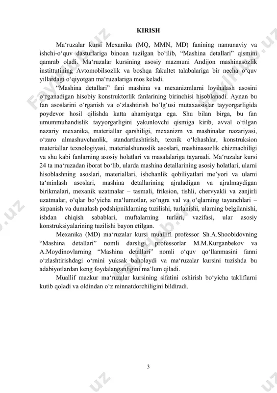 n ishlashini ta‘minlaydigan eng katta qiymati tushuniladi. kuchlanishning bu qiymatini topish uchun chegaraviy kuchlanish xamda mustaxkamlik zapasi qiymatlari aniqlangan bo‘lishi kerak . ma‘lum chegaraviy kuchlanishning qiymati materiallarning mexanikaviy xossalariga bogliq bo‘lib, laboratoriya sharoitida shu materiallarning namunalarini sinash usuli bilan aniqlanadi. masalan, plastik materiallarning statik cho‘zilishini sinash natijasida cho‘zilish diagrammasi xosil bo`ladi. bunda a nuqtaga to`g`ri kelgan kuchlanish proportsionallik chegarasi deb, b nuqtaga to`g`ri kelgan kuchlanish oquvchanlik chegarasi deb, d nuqtaga to`g`ri kelgan kuchlanish esa mustaxkamlik chegarasi deb ataladi. ruxsat etilgan kuchlanishning qiymatini aniqlashda detalga ta‘sir etuvchi kuchning va ishlatilgan materialning xiliga qarab, chegaraviy kuchlanish sifatida mustaxkamlik chegarasi (mo`rt materiallar uchun), oquvchanlik chegarasi (plastik materiallar uchun) yoki toliqish chegarasi (kucho‘zgaruvchan sikl bilan ta‘sir etadigan materiallar uchun) olinishi mumkin. plastik materiallar uchun ruxsat etilgan kuchlanish quyidagicha topiladi: bu erda, σo'q- oquvchanlik chegarasiga to‘g‘ri kelgan kuchlanish. uning qiymati cho‘ zilish diagrammasidan olinadi; n - mustaxkamlik zapasi koeffitsienti. mo‘rt materiallar uchun ruxsat etilgan kuchlanish …