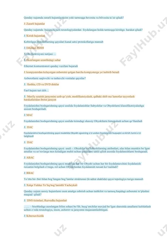 sitalar qaysilar? j: fleshka, cd va dvd disklar faol hujum turi deb… j: maxfiy uzatish jarayonini uzib qo’yish, modifikatsiyalash, qalbaki shifr ma`lumotlar tayyorlash harakatlaridan iborat jarayon foydalanishni boshqarishning qaysi usulida foydalanishlar subyektlar va obyektlarni klassifikatsiyalashga asosan boshqariladi. j: mac foydalanishni boshqarishning qaysi usulida tizimdagi shaxsiy obyektlarni himoyalash uchun qo‘llaniladi j: dac foydalanishni boshqarishning qaysi modelida obyekt egasining o‘zi undan foydalanish huquqini va kirish turini o‘zi belgilaydi j: dac foydalanishni boshqarishning qaysi usuli -: obyektlar va subyektlarning atributlari, ular bilan mumkin bo‘lgan amallar va so‘rovlarga mos keladigan muhit uchun qoidalarni tahlil qilish asosida foydalanishlarni boshqaradi. j: abac foydalanishni boshqarishning qaysi modelida har bir obyekt uchun har bir foydalanuvchini foydalanish ruxsatini belgilash o‘rniga, rol uchun obyektlardan foydalanish ruxsati ko‘rsatiladi? j: rbac to’rtta bir-:biri bilan bog’langan bog’lamlar strukturasi (kvadrat shaklida) qaysi topologiya turiga mansub j: xalqa yulduz to’liq bog’lanishli yacheykali qanday xujum asosiy hujumlarni oson amalga oshirish uchun tashkilot va tarmoq haqidagi axborotni …