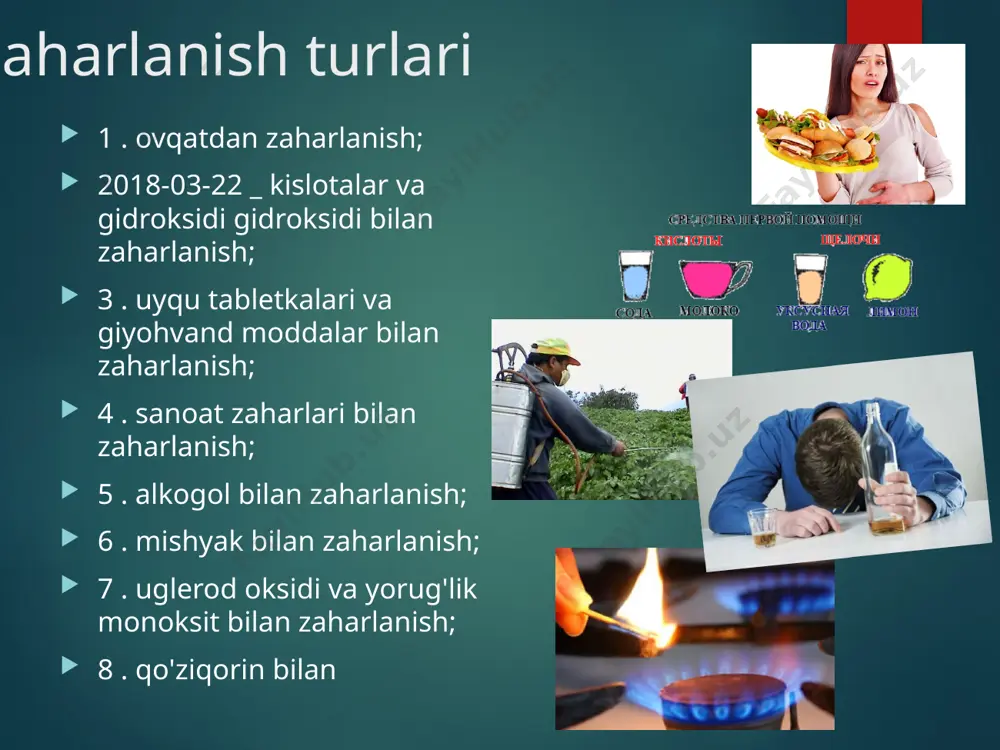 son tanasiga kirishi jiddiy zaharlanishga olib kelishi mumkin. antifriz bilan zaharlanish eng xavfli hisoblanadi, chunki bu suyuqlikdan atigi bir qultum o'limga olib kelishi mumkin. zaharlanishning birinchi belgilari bir necha soatdan keyin, odatda 6-8 soatdan keyin paydo bo'ladi. dastlab, bu umumiy zaiflik, ko'ngil aynishi, qusish, keyin gallyutsinatsiyalar va deliryum boshlanadi, bu esa konvulsiyalar va ongni yo'qotishi mumkin. sanoat zaharlari, masalan, denatüratsiyalangan spirt va shunga o'xshashlar tarkibida fusel moylari, metil spirti kabi zararli aralashmalar mavjud bo'lib, ular hidi va ta'mi bo'yicha etil spirtiga - oziq-ovqat spirtiga o'xshash. bunday holda, faqat bir qultum metil spirti ko'rish asabining atrofiyasiga va ongni yo'qotishiga olib keladi. 30-100 g dozaga kelsak, uni ishlatish odatda o'lim bilan tugaydi. zaharli moddalar bilan zaharlanganda, , xlorofos kabilar zararli bilan kurashish uchun hasharotlar , ya'ni zaharlanish insektitsid , kuzatilgan bosh aylanishi, ishtahaning yo'qolishi, boshdagi og'riq, mushaklar. qoida tariqasida, zaharlanish belgilari bunday holatlar bir necha o'tgach yo'qoladi kunlar , ammo agar biz …