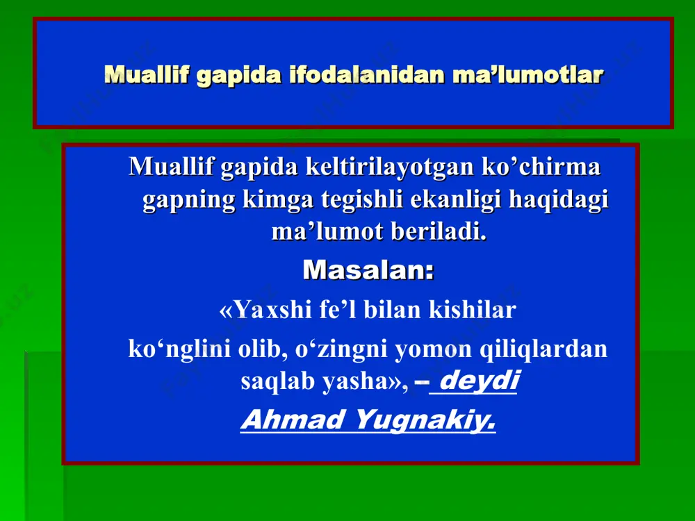 gap o’zlashtirma gapga aylantirilganda: a) ko’chirma gapli qo’shma gap sodda gapga aylanadi; b) kirish so’zlar tushib qoladi; s) undalma qatnashgan bo’lsa, u vositali to’ldiruvchiga aylanadi; d) 1- va 2- shaxsni bildiruvchi so’zlar 3-shaxsga aylantiriladi; e) so’roq va buyruq gaplar darak gapga aylanadi. a) ko’chirma gapli qo’shma gap sodda gapga aylanadi; ko’chima gapli qo’shma gap o ’zlashtirma gap (sodda gap) 1.“qizim umring uzoq bo’lsin”- dedi yo’lovchi 2.mahmudxo‘ja behbudiy: «maktab dunyo imoratlari- ning eng muqaddasi va qadrlisidir», – deb yozadi. 1.yo’lovchi qizga umri uzoq bo’lishini tiladi 2.mahmudxo’ja behbudiy maktab dunyo imoratlarining eng muqaddasi va qadrlisi ekanligini yozgan b) kirish so’zlar tushib qoladi; kirish so’zli ko’chirma gap o’zlashtirma gap 1. “xo’sh, kanizakxon, qanday yangiliklar bor”,-dedi o’ktam. o’ktam kanizakdan qanday yangiliklar borligini so’radi. s) undalma qatnashgan bo’lsa u vositali to’ldiruvchiga aylanadi; undalmali ko’chirma gap o’zlashtirma gap “o’quvchilar, kitob beminnat maslahatchi, sodiq do’st bo’la oladi”,- deydi doim kutubxonachimiz kutubxonachi o’quvchilarga kitob doim sodiq do’st va …