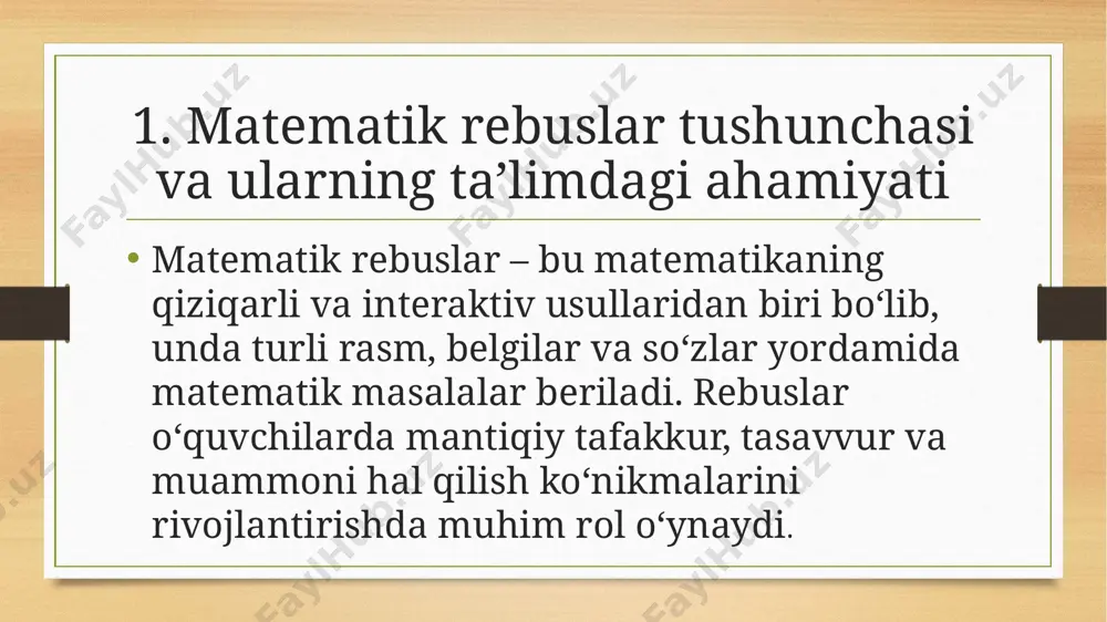 rebuslardan keng foydalanishni odatga aylantirishi, metodik yondashuvlarni takomillashtirishi va innovatsion texnologiyalarni joriy etishi zarur. bu esa boshlang‘ich ta’limda matematika fanini yanada samarali o‘qitilishiga xizmat qiladi. foydalanilgan adabiyotlar akbarov, t. (2019). matematika ta’limi metodikasi. toshkent: fan va ta’lim. karimova, n. (2020). boshlang‘ich sinflarda matematika darslarida innovatsion metodlar. toshkent: o‘qituvchi. rustamov, d. (2018). matematik mantiq va muammolarni yechish. toshkent: ta’lim. sobirov, m. (2017). matematika va uning o‘qitish metodikasi. toshkent: sharq. unesco. (2021). innovative teaching methods in mathematics education. paris. zokirov, s. (2022). matematika fanini o‘qitishda interaktiv texnologiyalar. toshkent. image5.png image6.png image3.png image4.png /docprops/thumbnail.jpeg