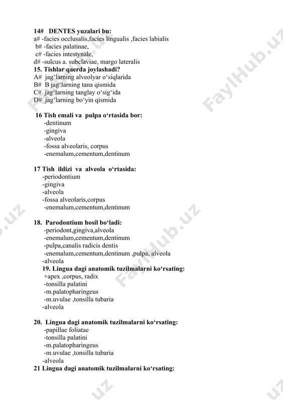 diaphragma oris c# lingua et palatum molle d# buccinators 28. tanglayni lotincha nomini ko‘rsating: a# palatum b# dentes c# glandula d# uvula 29. burun bo‘shlig‘ining lotincha nomini ayting. a. cavitas nasi b. septum nasi c. pars respiratories d. septum nasi 30. burun dahlizida nimalar bor? a. tukchalar va yog‘ bezlari b. shilliq bezchalari c. burun bezlari d. ter bezlari 31. burun chig‘anoqlari nechta? a. 3 juft *b. 3 ta c. 2 juft d. 2 ta 32. bolalarda katta liqildoq qaysi suyaklar orasida joylashgan? *a# peshona va tepa suyagi orasida b# peshona va chakka suyagi orasida c# tepa va ensa suyagi orasida d# tepa va chakka suyagi orasida e# ensa va chakka suyagi orasida 34. bolalarda yon liqildoq qaysi suyaklar orasida joylashgan? a# peshona va tepa suyagi orasida b# peshona va chakka suyagi orasida c# tepa va ensa suyagi orasida *d# tepa va chakka suyagi orasida e# ensa va chakka suyagi …