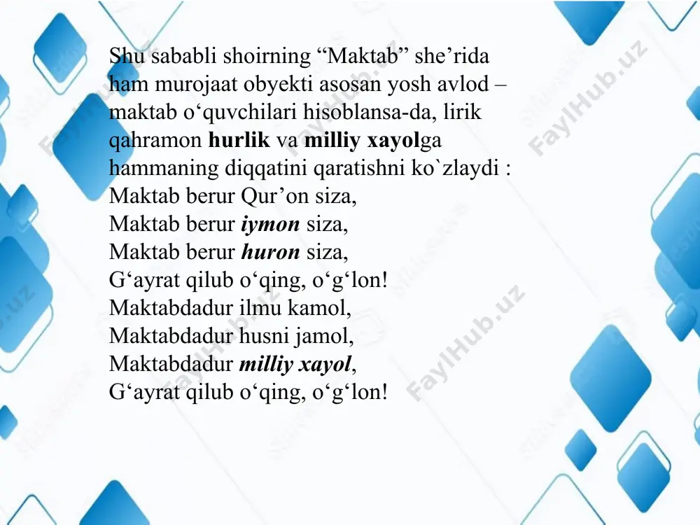 va quvvatli bo‘lmog‘i insonga eng kerakli narsadur. chunki o‘qumoq, o‘qitmoq, o‘rganmoq va o‘rgatmoq uchun insonga kuchli, kasalsiz jasad lozimdur”. abdulla avloniy ta’lim va tarbiya uzviy bogliq ekanini ham ta’kidlaydi: “dars ila tarbiya orasida bir oz farq bor bo‘lsa ham, ikkisi bir-biridan ayrilmaydurgan, birining vujudi biriga boylangan jon ila tan kabidur”– deydi. abdulla avloniyning “turkiy guliston...” asarida “vatanni suymak” degan alohida fasl mavjud. vatan, vatan deya jonim tanimdan o‘lsa ravon, banga na g‘am, qolur avlodima o`yu vatanim. g‘ubora do‘nsa g‘amim yo‘q vujud zeri vahm, charoki, o‘z vatanim xokidur go‘ru kafanim. tug‘ub o‘san yerim ushbu vatan vujudim xok, o‘lursa aslina roje’ bo‘lurmi man g‘amnok. “turkiy guliston yoxud axloq” asaridan “hifzi lison” (“tilni asrash”) maqoloti ham o`rin olgan. hamma vaqt, hamma jamiyatda millatning mavjudligini, e’tiborini belgilovchi ko‘zgusi uning tili va adabiyotidir. har bir inson, birinchi navbatda, o‘z ona tilini mukammal bilishi, tilining ravnaqi, sofligi uchun kurashishi kerakligini a.avloniy she’riy baytlarida ham ifodalaydi. ona …