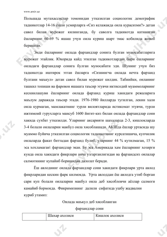 3 1945-1949 4,1 4,5 5,5 5,6 1950-1954 3,5 2,8 5,7 5,5 1955-1929 3,8 3,0 5,8 5,1 ёш авлод 1960-1964 3,6 3,4 4,3 4,3 1965-1969 3,2 3,6 4,8 4,1 1970-1974 3,0 3,7 4,0 3,4 1075-1979 3,1 3,5 4,1 3,6 жадвал маълумотларидан куриниб турибдики, узбекистонда авлоддан авлодга утиб утиб борган сари олада фарзандлар сони хакида фикрлар узгариб бормокда. бу холни 1996 йили ёшлар уртасида утказган тадкикот натижалари хам тасдиклайди. ушбу тадкикот натижаларнинг курсатишича, йигитларнинг 9,2 % - 1-2; 54,8 % 3-4; 28,6 % - 5-6; ва колган 7 % - 7 ва ундан куп фарзандли оилани макбул деб хисоблаган булсалар, кизлар орасида бу курсаткич эса куйидагича:19,4 % - 1-2; 62,7 % - 3-4; 11,9 % - 5-6 ва 6 % оилада – 7 ва ундан куп фарзанд булишини макбул хисобладилар. бу тадкикот натижасидан биз хозирги ёш авлоднинг фарзандлар сонига булган муносабати кам фарзандлик сари узгарганлигини куришимиз мумкин. демак, узбек оилаларида авлоддан авлодга …