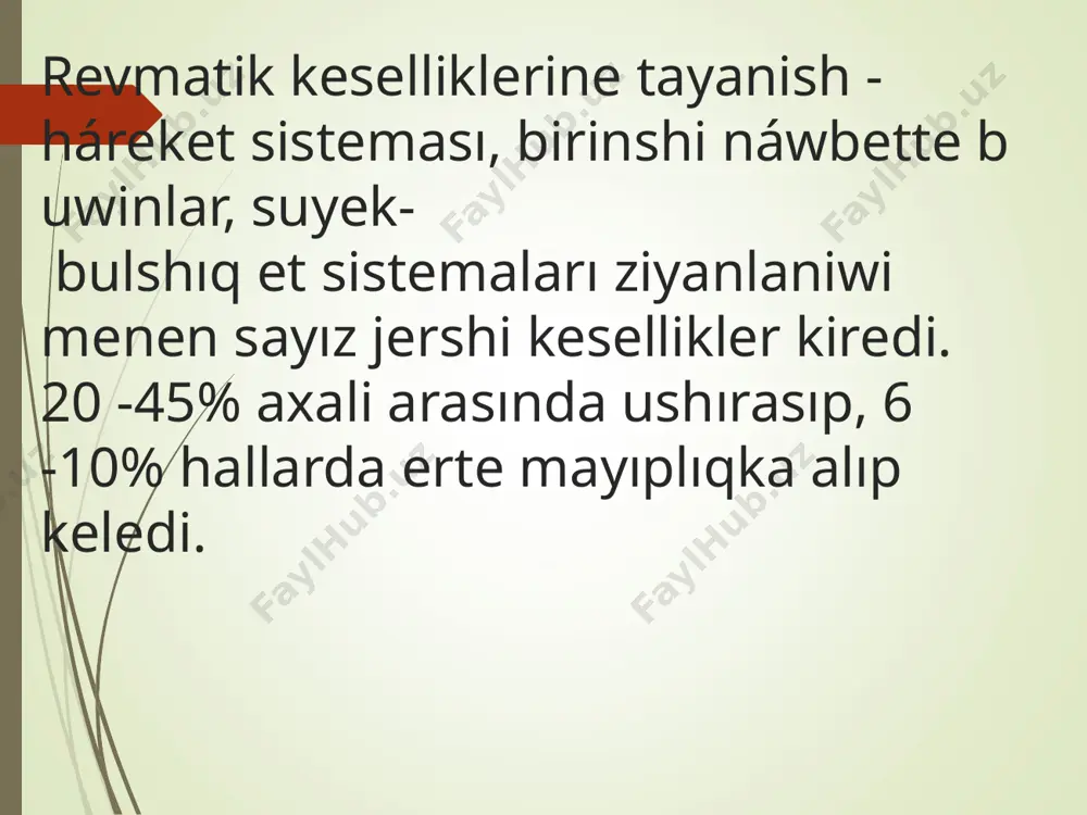 t hám basqalar. keselliktiń klinikalıq formalari: oraylıq forması - omırtqa tekshesi hám dumg'aza-jambas birikpesi ziyanlanadi; rizomilik forması - omırtqa hám jelke xamde paxtanıń ǵóregi-san buwini ziyanlanadi. periferik forması - omırtqa baganasi menen birge omırtqalarara, omırtqa-qabırǵa bo'g'imlari hám periferik buwinlar ziyanlanadi. skandinav forması - omırtqa baganasi menen birge qol pánjesinin mayda buwinlarinin revmatoid artritqa uqsas ziyanlaniwi tán. vistseral túri - joqarıdaǵı túrlerden biri menen ishki agzalardin ziyanlaniwi. psoriatik artrit diagnostik kriteryaları: qol pánjesi distal falangalarara buwinlarinin ziyanlaniwi(barmaqlar «sosikasiman» forma alıwı); qol pánjesi birinshi barmaqlarınıń hám ayaq bas barmag'i buwinnin erte zıyanlanıwı jáne onıń kógeriwi; tabanda awrıw; psoriatik túynekler bar ekenligi, tırnaqlar zıyanlanıwı («angishvona» simptomi); jaqın aǵayınlarında psoriaz; rentgenologik belgiler: osteolitik processler suyeklerdiń xar qıylı o'qli jılısıwı menen, periostal ózgerisler; sakroileit; paravertebral kal'tsifikatsiyalar. reyter keselligi (sindromi ) -kóbinese jas er adamlarda ushraydı.-klinika si: uretrit, tsistit, prostatit, kon'yunktivit, artrit.-keselliktiń ekinshi immunopatologik basqıshında kóz hám bo'g'imlar assimetrik ziyanlanadi.-buwinlar «zinapoyasimon» («pastdan joqarıǵa») kóriniste ziyanlanadi, awrıwlar …