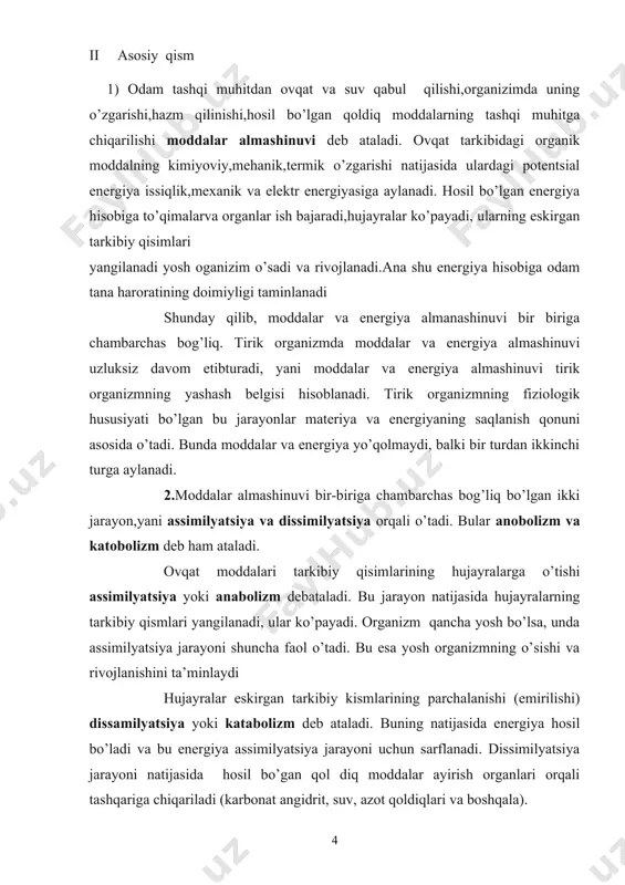 b turish uchun sarf bo’ladi. 3) modda va energiya almashinuvi organizmning kimyoviy tarkibi o’zgarmagan holda organ va to’qimalrninig uzluksiz yangilanib turishiga imkon beradi. moddalarning asosiy gruppalari oqsillar, yog’lar va uglevodklardir oqsillar organizmda asosan plastic material sifatida , uglevodlar va yog’lar esa sarflangan energiya o’rnini qoplash uchun ishlatiladi. turli oziq moddalarning organizmga kirgandan to keraksiz moddalar hosil bo’lguncha va tashqariga chiqarilguncha o’zgarish jarayoni metabolism deyiladi. oqsillar aminokislotalardan tuzilgan. ular molekulasi tarkibida 20 ta aminokislota bo’ladi. ularning 10 tasi almashtirib bo’maydigan-eng zarur aminokislotalardir. ular organizmda bahsqa moddaladan sintes qilimaydi. qolgan 10 tasi almashtirish mumkin bo’gan aminokislotalardir. shuni olohida qayd qilish kerakki, bolalar organizmining o’sishi va rivollanishi uchun ularning ovqat tarkibidagi oqsillarning 80-90 %i sifatli (go’sht, baliq, tuxum, sut) bo’lishi kerak. kattalar ovqati tarkibdagi oqsillarning 50 %i sifatli va 50 %i sifatsiz bo’lishi mumkin. katta odam kundalik ovqatining tarkibida 80-120g oqsil bo’lishi kerak. yoglar almashinuvi. yoglar ham oqsillarga o’xshash odam organizmida plastik va …