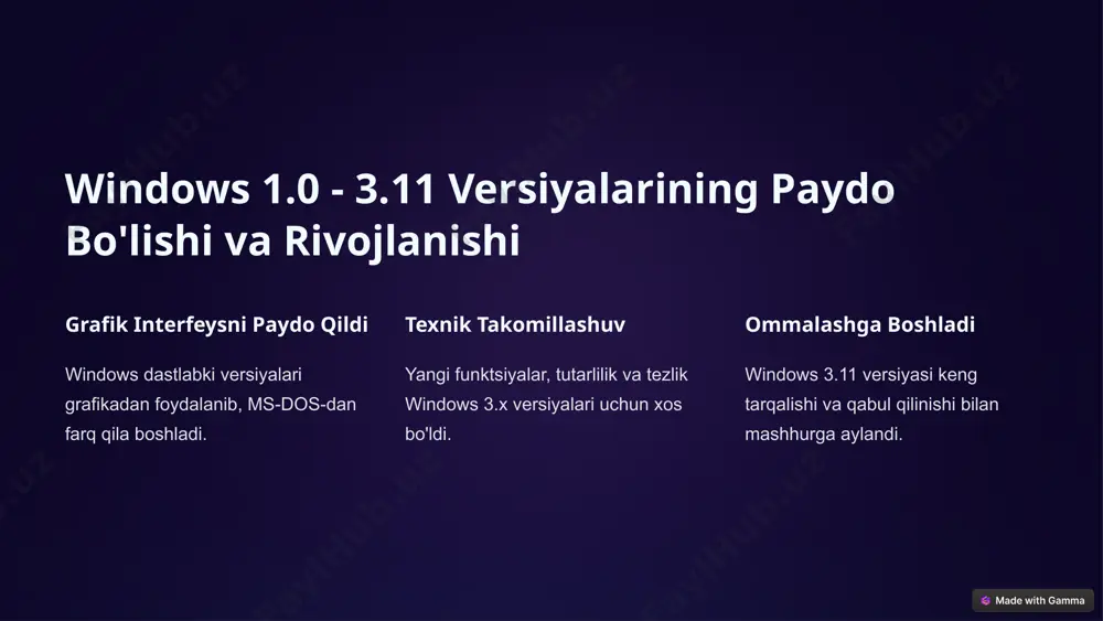 siyalar va imkoniyatlar komandalik satrini boshqarish kuchli tizimli buyruqlarni ishlatish va tezkor amallarni bajarish. vazifalar menejerini tekshirish tizim resurslarini nazorat qilish va jarayonlarni boshqarish. kortana assisenti tovish buyruqlari orqali tizimni nazorat qilish va ma'lumotlarni oʻrganish. shortkutlar tez-tez ishlatiladigan amallarni amalga oshirish uchun klaviatura yordam i. 20 windows operatsion tizimining ish stoli windows operatsion tizimi ish stoli foydalanuvchilarga o'z kundalik faoliyatlarini samarali va qulay bajarishlari uchun asosiy interfeysni taqdim etadi. ish stolining tarkibiy qismlari va vazifalarini bilish windows tizimi bilan samarali ishlash uchun muhimdir. 21 ish stoli: asosiy komponentlari boshlanish menyusi dasturlarni, hujjatlarni va sozlamalarni tezkor ochish imkonini beradi. tizim paneli turli tizim sozlamalarini boshqarish, masalan, qurilmalar, quvvat, xavfsizlik va boshqalarni. tezkor paneli eng ko'p ishlatiladigan dasturlarni tezkor ochish uchun. 22 boshqaruv paneli: funktsiyalari 1 dasturlar va funksiyalar dasturlarni o'rnatish, olish va boshqarish. 2 qurilmalar va uskuna qurilmalarni o'rnatish, konfiguratsiya qilish va boshqarish. 3 foydalanuvchilar va akkauntlar foydalanuvchilar va ularga tegishli …