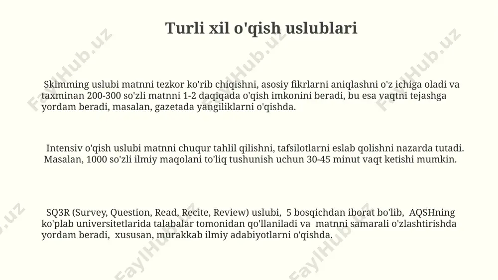 ash orqali o'qish tezligini aqsh tadqiqotlariga ko'ra 20% ga oshirish mumkin. o'qish ko'nikmalarining ahamiyati jahon banki ma'lumotlariga ko'ra, o'qish tezligi va tushunish qobiliyatini oshirish, 5 yoshdan 10 yoshgacha bo'lgan bolalarda 15% ga aqliy rivojlanishni tezlashtiradi, bu esa ularning kelajakdagi muvaffaqiyatlari uchun muhim ahamiyatga ega. o'qish ko'nikmalarini rivojlantirish, 2023-yilgi statistikaga ko'ra, o'zbekiston maktablarida o'quvchilarning 30% gacha bilim olish samaradorligini oshirishi mumkin, bu esa keyinchalik iqtisodiy taraqqiyotga ijobiy ta'sir qiladi. samarqand davlat universiteti tadqiqotlari shuni ko'rsatdiki, muntazam o'qish orqali lug'at boyligi 2500 ga yaqin so'zga boyitilib, muammoli vaziyatlarni hal qilish qobiliyati 15% ga yaxshilanadi. e'tiboringiz uchun rahmat @taqdimot_robot
