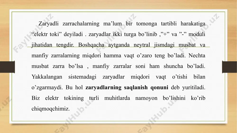 dishga solib unga elektrodlar tushirilgan bo’lsin. elektrodlar tok manbaiga ulangan bo’lib elektrolit orqali elektr toki o’tganda moddaning kimyoviy parchalanishi va ularning elektrodlarda ajralib chiqishi elektrolit deyiladi. elektrolit hodisasini toza metallar olishda fydalinadi.. masalan: al, gu, zn, ni, mg,fi, df. va metallarni rudalardan ajratib olish uchun shu usuldan foydalinadi. galvanoplastika. tasvirlar rel’efining metal nusxalarining elektrolit yordamida olish galvanoplastika deyiladi. galvanoplastika usulida kitob, gazeta, pul, edal’ va boshqa buyumlarning ko’plab nusxalarini olishda ishlatiladigan mis klisherlar yasashda foydalanildi. g + tuzlar va kislotalarning suvda erish natijasida musbat va manfiy ionlar xosil bo’ladi “+” ionlar katotga tomon “-” ionlar anodga tomon harakatlanadi.natijda berk zanjir hosil bo’ladi. demak suyuqliklardagi elektr tokini asosiy manbasi”+” va “-” ionlarnng atrofida elektro statik maydon mavjud ekanligi isbotlangan. ionlarning xarakatlanish natijasida suv molekulalari bilan ionlar o’rtasida ishqalanish kuchi vujudga keladi. hosil bo’layotgan ishqalanish kuchining kattaligi (3) formula orqali aniqlanadi. +=k=ke fel+fishq=0 qe-6 n r+=0 formuladan shunday ma’no kelib chiqadiki tuzlar …