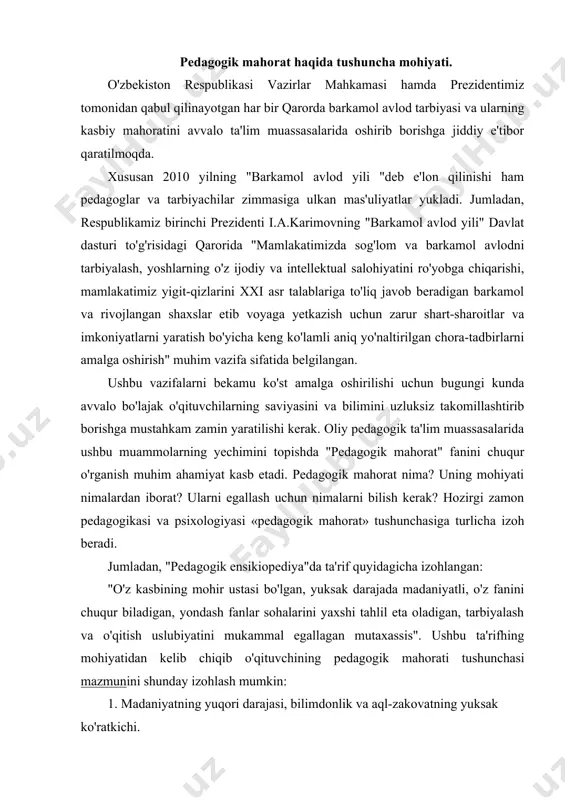 mutaxassis". ushbu ta'rifhing mohiyatidan kelib chiqib o'qituvchining pedagogik mahorati tushunchasi mazmunini shunday izohlash mumkin: 1. madaniyatning yuqori darajasi, bilimdonlik va aql-zakovatning yuksak ko'ratkichi. 2. o'z faniga doir bilimlarning mukammal sohibi. 3. pedagogika va psixologiya kabi fanlar sohasidagi bilimlami puxta egallaganligi, ulardan kasbiy faoliyatida foydalana olishi. 4. o'quv-tarbiyaviy ishlar metodikasini mukammal bilishi. pedagogik mahorat tizimi quyidagi o'zaro bir-biri bilan bog'liq bo'lgan asosiy komponentlardan iborat: 1. pedagogik insonparvarlik talablariga bo'ysunishi. 2. kasbga oid bilimlami boshqa fanlar bilan aloqadorlikda mukammal bilish. 3. pedagogik qobiliyatga ega bo'lish. 4. pedagogik texnika sirlarini puxta egallash. barcha kasblar orasida o'qituvchilik kasbi o'zgacha va muhim ijtimoiy ahamiyat kasb etadi. zero, o'qituvchi yosh avlod qalbi kamolotining me'mori, yoshlarga ta'lim-tarbiya beruvchi insondir. bugungi kunda u yoshlarni g'oyaviy-siyosiy jihatdan chiniqtirib tabiat, jamiyat, ijtimoiy hayot, tafakkur taraqqiyoti qonuniyatlarini o'rgatadi, yoshlarni mehnat faoliyatiga tayyorlab, kasb-hunar sirlarini puxta egallashlarida ko'maklashadi va jamiyat uchun muhim bo'lgan ijtimoiy-iqtisodiy vaziyatlarni hal etadi. ana shu mas'uliyat o'qiruvchidan o'z …