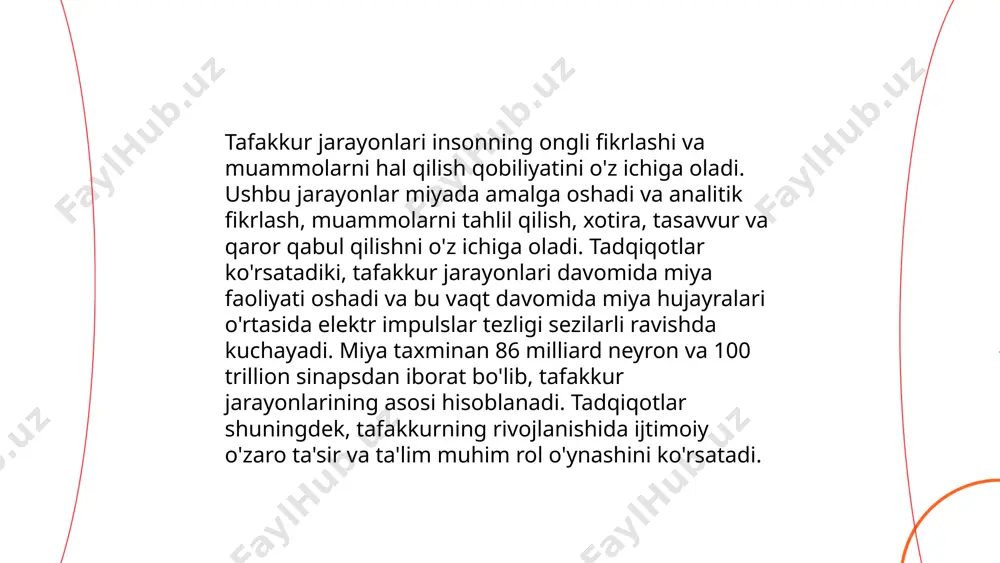 ning jozibadorligi kabi jihatlarda yordam beradi. ushbu madaniyat tilni to'g'ri, ravon va ayni paytda tushunarli qo'llash orqali shakllanadi. o'zbek tilida nutq madaniyati, asosan, xalq og'zaki ijodi va badiiy adabiyot namunalari orqali boyitilgan. insonlarning kundalik muloqotlari va rasmiy anjumanlarda nutq madaniyatiga rioya qilish alohida ahamiyat kasb etadi. zamonaviy texnologiyalar, masalan, videolavhalar va onlayn darslar, nutq madaniyatini rivojlantirishda muhim vosita bo'lib xizmat qilmoqda. nutq madaniyati bo'yicha bilimlarni oshirishda 30 dan ortiq darsliklar va qo'llanmalar mavjud. ... t.me/slaydai_bot 7. bolalarda nutq rivojlanishi bolalarda nutq rivojlanishi bir necha bosqichlar orqali amalga oshadi. birinchi bosqichda, chaqaloqlar tug'ilgandan so'ng 2-3 oyligida ovoz chiqarib kulish va turli tovushlar chiqarishadi. keyin, 6-12 oylikda oddiy tovushlar va so'zlar (masalan, "mama", "dada") paydo bo'ladi. 18-24 oylikda, bolalar oddiy ikki so'zli iboralarni ishlatishni boshlashadi. 24-36 oylikda esa, ularning so'z boyligi 200-300 ta so'zdan oshadi. 3 yoshdan boshlab murakkab gaplar tuzish va nutq muloqoti rivojlanadi. 5 yoshga kelib, bolalar grammatik jihatdan to'liqroq …