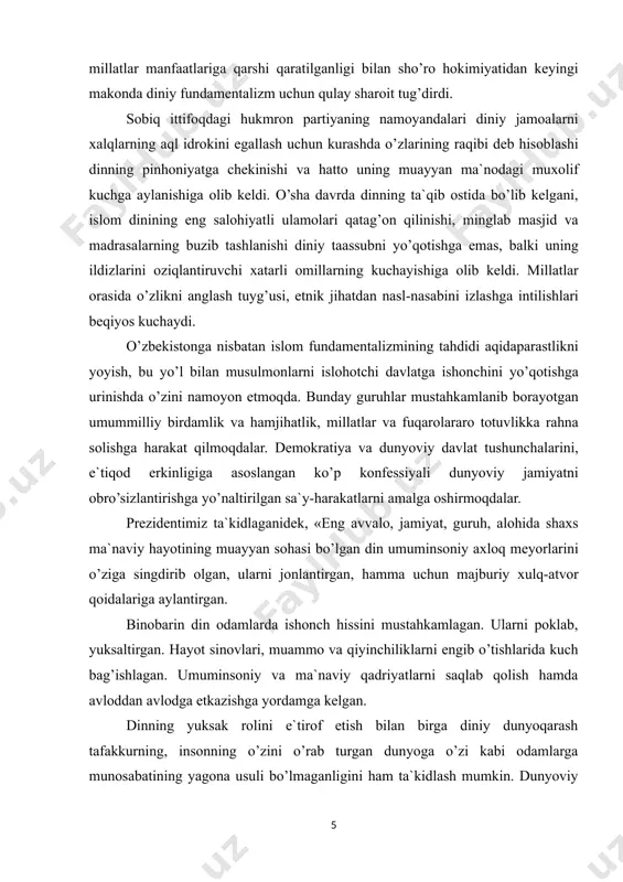. demokratiya va dunyoviy davlat tushunchalarini, e`tiqod erkinligiga asoslangan ko’p konfessiyali dunyoviy jamiyatni obro’sizlantirishga yo’naltirilgan sa`y-harakatlarni amalga oshirmoqdalar. prezidentimiz ta`kidlaganidek, «eng avvalo, jamiyat, guruh, alohida shaxs ma`naviy hayotining muayyan sohasi bo’lgan din umuminsoniy axloq meyorlarini o’ziga singdirib olgan, ularni jonlantirgan, hamma uchun majburiy xulq-atvor qoidalariga aylantirgan. binobarin din odamlarda ishonch hissini mustahkamlagan. ularni poklab, yuksaltirgan. hayot sinovlari, muammo va qiyinchiliklarni engib o’tishlarida kuch bag’ishlagan. umuminsoniy va ma`naviy qadriyatlarni saqlab qolish hamda avloddan avlodga etkazishga yordamga kelgan. dinning yuksak rolini e`tirof etish bilan birga diniy dunyoqarash tafakkurning, insonning o’zini o’rab turgan dunyoga o’zi kabi odamlarga munosabatining yagona usuli bo’lmaganligini ham ta`kidlash mumkin. dunyoviy fikr, dunyoviy turmush tarzi ham u bilan yonma-yon, u bilan teng yashash huquqiga ega bo’lgan holda rivojlanib kelgan». keyingi yillarda yurtimizda milliy va diniy qadriyatlarning tiklanishiga katta e`tibor berilib, bu narsa hukumatimizning ustuvor siyosatiga aylandi. ko’plab diniy bayramlarga ommaviy tus berildi, televidenie va matbuot tomonidan diniy masalalar tez-tez …