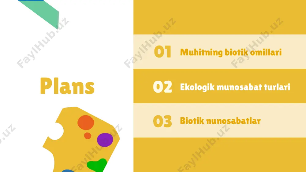 o'rtasidagi aloqalar bo'lib, ularning hayotiy muhimligi ekosistemalarning barqarorligi va rivojlanishi uchun zarurdir. ushbu munosabatlar tabiiy muvozanatni saqlashda va biologik xilma-xillikni ta'minlashda muhim rol o'ynaydi. ekologik munosabatlar quyidagi turlarga bo'linadi: 1. **parazitizm** - bir organizm (parazit) boshqasining (xo'jayin) hisobiga oziqlanadi va unga zarar yetkazadi. 2. **mutualizm** - ikki tomonlama foyda keltiruvchi munosabat; ikki turdagi organizmlar bir-biridan foyda ko'radi. 3. **komensalizm** - bir organizm ikkinchisidan foyda ko'radi, lekin ikkinchiga hech qanday zarar yetkazmaydi. 4. **raqobat** - organizmlar o'rtasida resurslar (ovqat, joy, suv) uchun kurash. ushbu munosabatlarning har biri ekosistemada muhim rol o'ynaydi va ularning o'zaro ta'siri tabiatdagi hayot jarayonlarini boshqaradi. ekologik munosabatlar va ularning turlari simbiotik munosabatlar turlari simbiotik munosabatlar, tabiiy muhitda organizmlar o'rtasidagi o'zaro bog'lanishlarning muhim shakllaridir. ular uchta asosiy turga bo'linadi: 1. mutualizm: bu munosabatda ikki tomon ham foyda ko'radi. misol uchun, asalari va gullar o'rtasidagi munosabatda, asalari gullarning nektaridan ovqatlanadi, gullar esa polenlarni tarqatishda yordam beradi. 2. komensalizm: bu …
