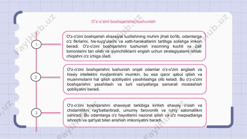 o'g'ri qarorlar qabul qilish, vazifalarni samarali hal qilish va umumiy farovonlik uchun sog'lom ish va hayot muvozanatini saqlash imkonini beradi. o'z-o'zini boshqarishdagi qiyinchiliklar shaxs tuzilishidagi o'z-o'zini boshqarish - bu o'z fikrlarini, his-tuyg'ularini va xatti-harakatlarini nazorat qilish va tartibga solish qobiliyatini anglatadi. o'z-o'zini boshqarishdagi qiyinchiliklar o'z-o'zini intizomning etishmasligi, impulsivlik va tashqi chalg'itish kabi turli omillardan kelib chiqishi mumkin. samarali o'z-o'zini boshqarish ko'nikmalarini rivojlantirish shaxsiy o'sish va shaxsiy va professional hayotda muvaffaqiyatga erishish uchun juda muhimdir. 1 2 3 o'z-o'zini boshqarish texnikasi o'z-o'zini boshqarish shaxsiyat tuzilishining muhim jihati bo'lib, odamlarga o'z fikrlarini, his-tuyg'ularini va xatti-harakatlarini tartibga solishga imkon beradi. o'z-o'zini boshqarishni yaxshilash uchun turli xil usullardan foydalanish mumkin, masalan, ong amaliyoti, kognitiv xatti-harakatlar terapiyasi va stressni kamaytirish strategiyalari. o'z-o'zini boshqarish usullarini kundalik hayotga kiritish orqali odamlar o'zlarining umumiy farovonligini yaxshilashlari, shaxsiy o'sishlarini oshirishlari va muvaffaqiyat va qoniqishning yuqori darajalariga erishishlari mumkin. balansli shaxsiyatni rivojlantirish muvozanatli shaxsni shakllantirishda o'z-o'zini boshqarish juda muhimdir. bu …