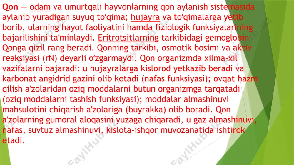 ddalar, aminokislotalar, yogʻlar va suv bilan taʼminlab turadi 4. ekskretor vazifasi. qon „hayot tashlandiqlari“ — moddalar almashinuvining oxirgi mahsulotlari boʻlgan ammiak, siydikchil, siydik kislotasi, kreatinin va boshqa moddalarni toʻqimalardan olib, ayiruv aʼzolariga yetkazib beradi. qon tasodifan yoki maʼlum maqsad bilan kiritilgan moddalarni, suv va tuzlarning ortiqcha qismisini ham ayiruv aʼzolariga yetkazish vazifasini bajaradi. termoregulyator vazifa — qon issiqlikka boy boʻlgan aʼzolarni sovutadi va issiqlikni yoʻqotuvchi aʼzolarni isitadi. jigar, chuqur joylashgan muskullar, yurak va boshqa aʼzolar faoliyati davomida hosil boʻladigan issiqlikni qon orqali issiqlikni yoʻqotuvchi aʼzolarga yetkazib berishini taʼminlaydi. qon gomeostaz jarayonida ham faol ishtirok etib, qator gomeostatik konstantalar --rh, osmotik bosim, ionlar konsentrasiyasi va boshqalar stabilligini saqlab turadi[11]. qon toʻqimalar va qon orasida tuz va suv almashinuvini jarayonini taʼminlab turadi. kapillyarlarning arterial qismidan tuzlar va suyuqlik toʻqimalarga oʻtadi va venoz qismida esa ular qonga qaytib soʻriladi. himoya vazifasi — qon immunitetning eng muhim omilidir, immunitet esa organizmni tirik tanachalar va …