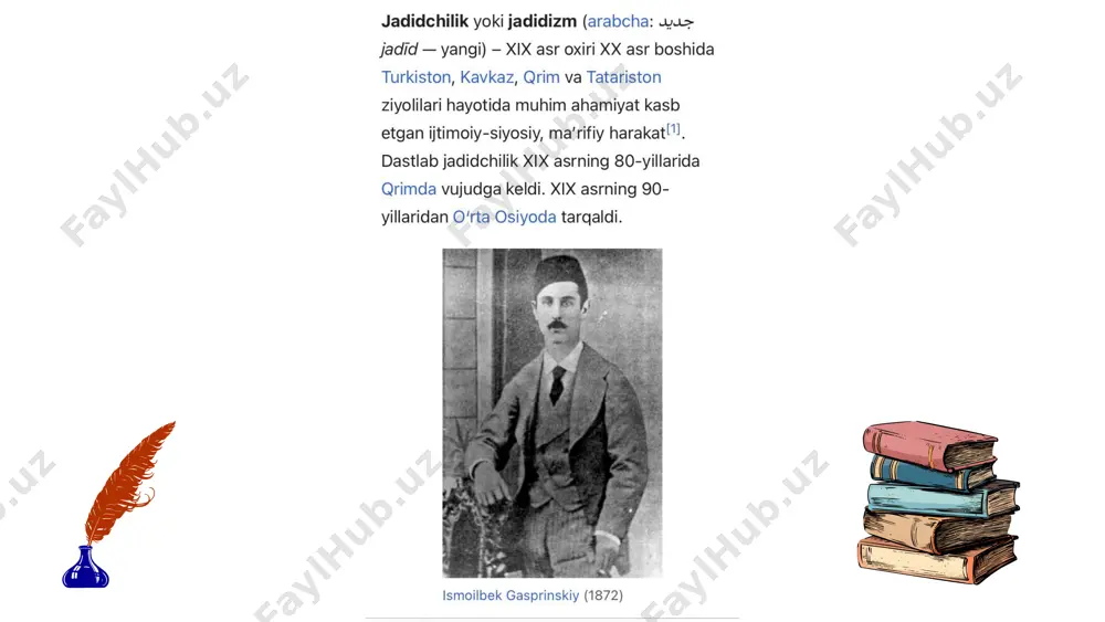 sakkiz jildli kitoblar toʻplami. sakkiz nafar jadidlar hayoti va ijodiga bagʻishlangan risolalarni turli muallif yozgan: olim usmonov gʻulom zafariy, dilmurod quronov abdulhamid choʻlpon, ulugʻbek dolimov isʼhoqxon toʻra ibrat, hamidulla boltaboyev abdurauf fitrat, bahodir karimov abdulla qodiriy, oltinbek olim abdulla avloniy, sotimjon xolboyev munavvarqori qori abdurashidxonov, zaynobidin abdirashidov mahmudxoʻja behbudiy haqidagi jildni yozgan. https://uz.m.wikipedia.org/wiki/jadidchilik https://uz.m.wikipedia.org/wiki/g%ca%bbulom_zafariy https://uz.m.wikipedia.org/wiki/abdulhamid_cho%ca%bblpon https://uz.m.wikipedia.org/wiki/is%ca%bchoqxon_to%ca%bbra_ibrat https://uz.m.wikipedia.org/wiki/abdurauf_fitrat https://uz.m.wikipedia.org/wiki/abdulla_qodiriy https://uz.m.wikipedia.org/wiki/abdulla_avloniy https://uz.m.wikipedia.org/wiki/munavvarqori_qori_abdurashidxonov https://uz.m.wikipedia.org/wiki/mahmudxo%ca%bbja_behbudiy https://uz.m.wikipedia.org/wiki/mahmudxo%ca%bbja_behbudiy prezident ma’naviyat va ma’rifat kengashi yig‘ilishida o‘zbekiston mafkuraviy sohada raqobatga tayyormi, degan savolni berdi. uning aytishicha, mamlakat madaniy diplomatiyani kuchaytiradi. shuningdek, o‘zbek xalqi jadidlar ko‘rsatgan yo‘ldan og‘ishmay borishi kerakligi ta’kidlandi. eʼtiboriz uchun rahmat