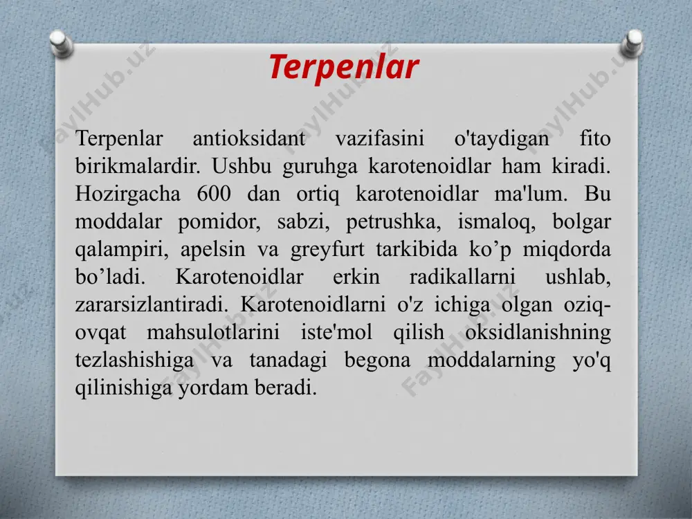 karnozin odam va hayvonlar mushagida uchraydi. u mushak shirasining bufer sig‘imi o‘zgarmasdan saqlanib turishida alohida ahamiyatga ega. shuningdek, u mushaklarda uglevodlarning fosforlanib parchalanishini, ya’ni ularning energiya manbai sifatida oksidlanishini muvofiqlashtiradi. neyropeptidlar miyada topilgan, markaziy herv sistemasi funksiyasiga ta’sir etadigan peptidlarga neyropeptidlar deyiladi. bu guruhga biologik faollikka ega bo’lgan gipotalamus va gipofiz peptidlari kiradi. neyropeptidlarning ko’pchiligi herv hujayralarida sintezlanadi. oksitotsin va vazopressin birinchi biologik faol peptidlardan bo’lib, nerv to’qimalaridan ajratib olingan (j.abel, 1924). ikkala garmon ham nonapeptid bo‘lib, tarkibi 9 ta aminokislota qoldig‘idan iborat (v.dyu vino, 1953 y.). insulinning tuzilishi bfmlar klassifikasiyasi bfm lar sintezlanish turiga ko’ra: birlamchi sintez mahsulotlari (vitaminlar, yog’lar, uglevodlar, oqsillar); ikkilamchi sintez mahsulotlari (alkaloidlar, glikozidlar, oshlovchi moddalar). organizmga ta’siri bo’yicha : bioinert moddalar, ular organizm tomonidan o’zlashtirilmaydi (sellyuloza, gemisellyuloza, lignin, kremniyorganik polimerlar va b.). bio mos keluvchi moddalar, ular organizmda sekin eriydi va fermentatsiya jarayoniga uchraydi (masalan sellyulozaning suvda eruvchi efirlari). bio mos kelmaydigan moddalar, ular organizm …