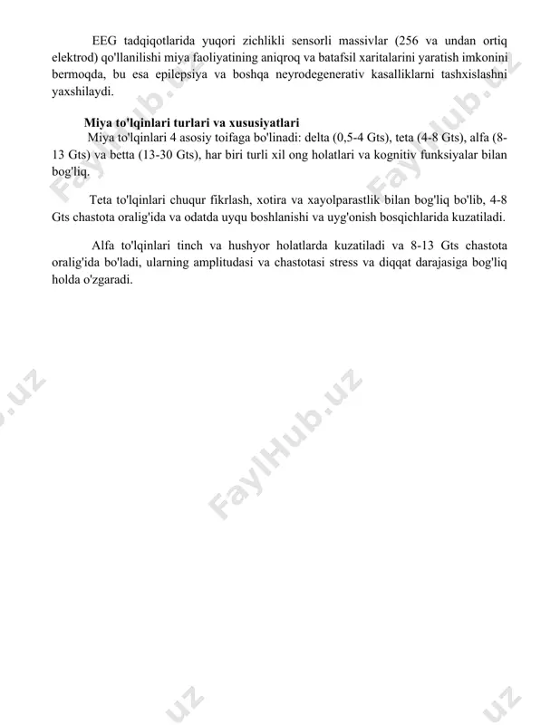 qilish aniqligi sezilarli darajada oshdi – 90% dan yuqori aniqlik bilan turli miya holatlarini, jumladan, uyqu bosqichlarini va kognitiv jarayonlarni aniqlash mumkin. eeg tadqiqotlarida yuqori zichlikli sensorli massivlar (256 va undan ortiq elektrod) qo'llanilishi miya faoliyatining aniqroq va batafsil xaritalarini yaratish imkonini bermoqda, bu esa epilepsiya va boshqa neyrodegenerativ kasalliklarni tashxislashni yaxshilaydi. miya to'lqinlari turlari va xususiyatlari miya to'lqinlari 4 asosiy toifaga bo'linadi: delta (0,5-4 gts), teta (4-8 gts), alfa (8-13 gts) va betta (13-30 gts), har biri turli xil ong holatlari va kognitiv funksiyalar bilan bog'liq. teta to'lqinlari chuqur fikrlash, xotira va xayolparastlik bilan bog'liq bo'lib, 4-8 gts chastota oralig'ida va odatda uyqu boshlanishi va uyg'onish bosqichlarida kuzatiladi. alfa to'lqinlari tinch va hushyor holatlarda kuzatiladi va 8-13 gts chastota oralig'ida bo'ladi, ularning amplitudasi va chastotasi stress va diqqat darajasiga bog'liq holda o'zgaradi. 📌xulosa eeg apparati tuzilmasi va miya faoliyati tadqiqotlari miya to'lqinlarini aniqlash va tahlil qilish imkonini beradi, bu …
