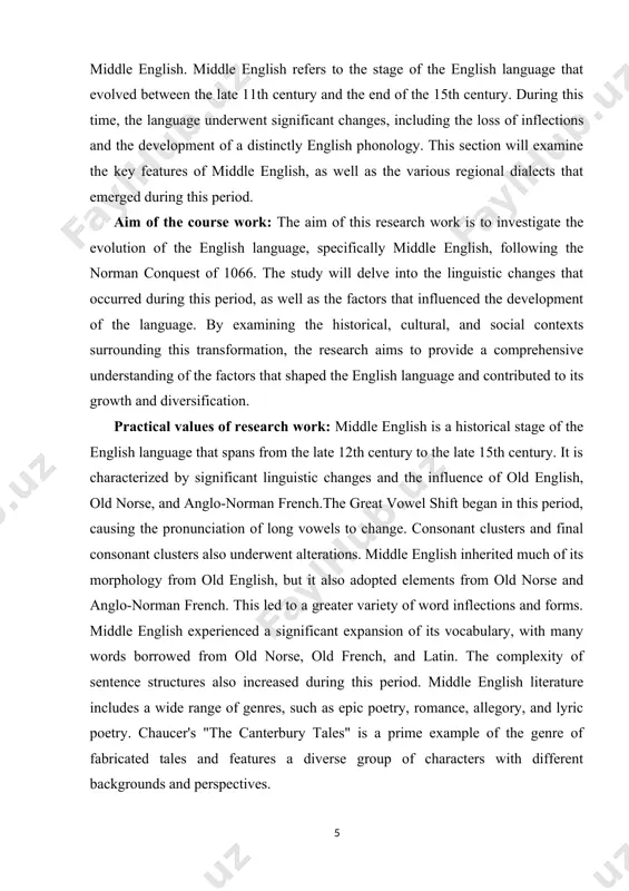 chapters (theoretical and practical) and 6 sub chapters, conclusion, bibliography. chapter i. key features of middle english 1.1. phonology after the norman conquest of 1066, the english language underwent profound transformations. the arrival of the normans, who spoke old norman, a dialect of old french, introduced significant changes to the structure and vocabulary of english, marking the transition from old english to middle english. this evolution was influenced by various factors, including cultural exchange, political shifts, and changes in societal norms. the transformation from old to middle english involved changes in grammar, syntax, pronunciation, and vocabulary. the norman conquest introduced a french-speaking ruling class to england, which had an enormous impact on the english language. french became the language of the court, the administration, the legal system, and the church. consequently, a large number of french words were borrowed into english, particularly in areas related to governance, law, art, architecture, …