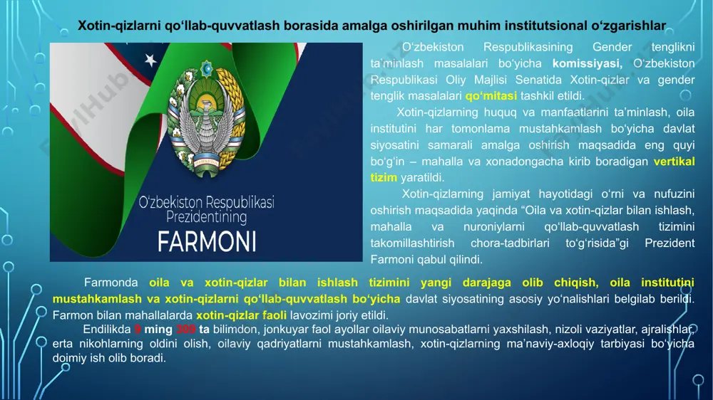 ozimlari joriy etildi. har bir ayol davlat himoyasida tazyiq va zo‘ravonlikdan jabrlanuvchiga davlat himoyasini taqdim etuvchi “himoya orderi”ni berish tartibi yo‘lga qo‘yilib, 2020-2021-yillarda ularni taqdi etish orqali zo‘ravonlikdan jabr ko‘rgan 60 mingga yaqin xotin-qizlar himoya qilindi. mamlakatimizda inson huquqlari, erkinliklari va qonuniy manfaatlarini ta’minlashga qaratilgan odilona siyosatning yorqin timsoli sifatida “mehr-1”, “mehr-2”, “mehr-3”, “mehr-4” “mehr-5” operatsiyalari amalga oshirildi. mazkur operatsiyalar doirasida dunyoning urush o‘choqlari va notinch o‘lkalaridan 530 dan ziyod ayollar va bolalarning yurtimizga qaytarilib, ular uchun zaruriy sharoitlar yaratib berildi. olima ayollar safi yanada kengayadi mamlakatimizda xotin-qizlarning oliy ta’lim muassasalarida tahsil olishi uchun yanada keng imkoniyatlar yaratish maqsadida 2020-yildan boshlab mamlakatimizda ehtiyojmand oilalar farzandi bo‘lgan xotin-qizlarni davlat granti asosida oliy ta’lim muassasalarga qabul qilish tizimi joriy etildi. jumladan, 2020-yilda 950 nafar, 2021-yilda 2 080 nafar ehtiyojmand oila qizlari ushbu grand asosida talabalik baxtiga muyassar bo‘ldi. 2021-yildan boshlab muhtoj yolg‘iz ayollar va boquvchisini yo‘qotgan qizlarni oliy ta’limdagi kontrakt-to‘lovlarini qoplab berish …