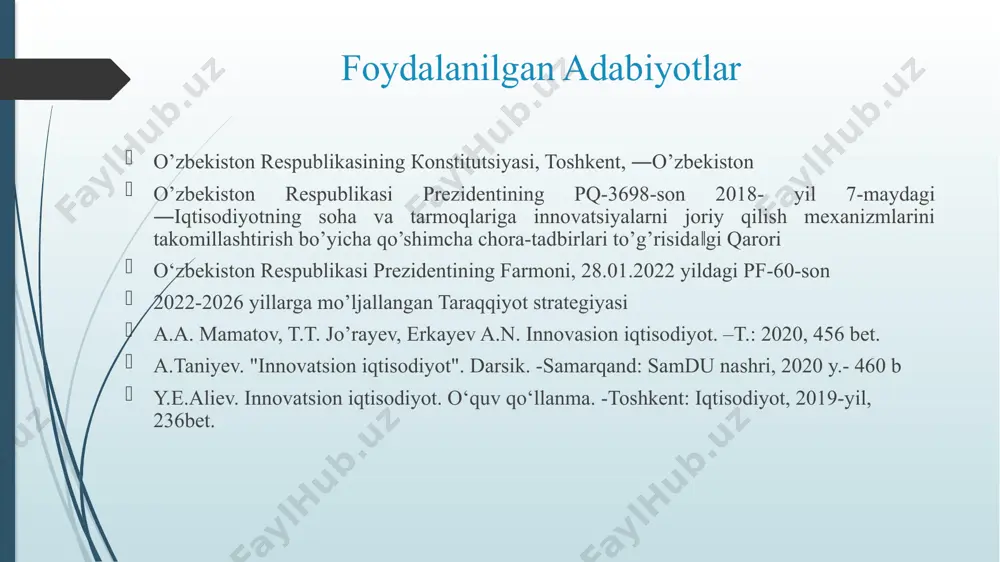 ngi bozor talablari asosida tashkil etish; -yangi o‘ziga xos xususiyatlarga ega bo‘lgan mahsulot turlarini deversifikatsiyalash; -ishlab chiqarish jarayonlarida yangi xom-ashyolardan foydalanish; -ishlab chiqarishni tashkil etishda innovatsion boshqaruv usullaridan foydalanish; -yangi iste’mol bozorlarini shakllantirish. innovatsion faoliyatning nazariy uslubiy asoslari iqtisodchi olimlar tomonidan atroflicha o‘rganilgan bo‘lib ular tomonidan tarli xil fikrlar bildirilgan. innovatsiya nazariyasini ishlab chiqishda yana bir texnologik bosqichlarning evolyusiyasi bilan bog‘liq muammolarni birinchi marta rus olimi n.d.kondratiev o‘zining “uzun to‘lqinlar nazariyasi” asarida o‘z izlanishlari natijasida olingan fikrlarini bildirgan(1.2.1-rasm).uning nazariyasiga ko‘ra davrlarning dastlabki 4 sikli sanoatning rivojlanish davriga, 5-to‘lqin sanoatdan keying postindustrial davrga, 6-to‘lqin elektronika, biotexnologiyalar, nanotexnologiyalar va ginetikaning rivojlanish davrlariga to‘g‘ri keladi. kondratiev dunyo iqtisodiyoti evolyusiyasini 6 ta siklga ajratdi 11 innovatsion jarayon – bu ilmiy bilimlarni (kelgusida amaliyotda qo‗llash maqsadida g‗oyani yakuniy mahsulotga aylantirishga qadar) innovatsiyalarga aylantirish jarayonidir. qayd etish lozimki, innovatsion jarayon siklik tavsifga ega. amerikalik iqtisodchi olim j.brayt “innovatsiya jarayoni ilm va texnika, tadbirkorlik va boshqaruvni o‘zida …
