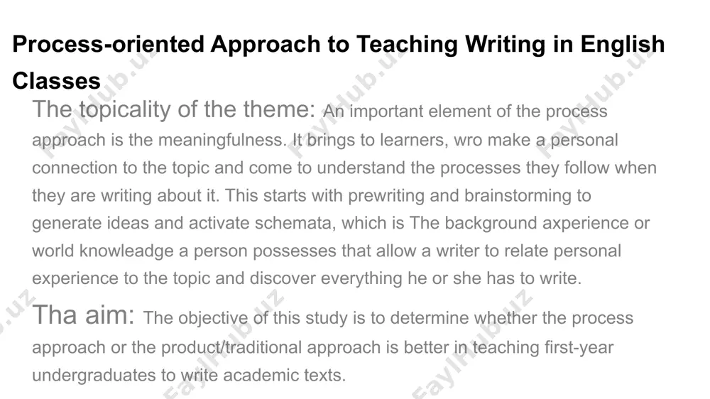 as it emphasizes collaboration and feedback. teachers who use this approach encourage students to work in groups, provide peer feedback, and revise their writing based on their interactions with their classmates. 3. genre-based writing model: in this model, writing is seen as a series of communicative events that are grounded in different genres. the process-oriented approach to teaching writing aligns well with this model as it emphasizes the importance of understanding the purpose, audience, and conventions of different genres. teachers who use this approach help students identify and analyze different genres, and guide them through the prewriting, drafting, revising, and editing stages to produce a final written work. differences between process-oriented approach and product approach the main differences between the two are as follows: 1. focus: the process-oriented approach focuses on the writing process, which includes prewriting, drafting, revising, and editing, while the product approach focuses on the final product …