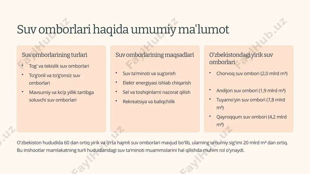 ariladi. tartibga solingan oqim natijada daryo oqimining tabiiy rejimi o'zgaradi - bahor-yoz oylaridagi yuqori suv kam bo'lsa, qish-kuz oylaridagi kam suv davri ko'payadi. daryo quyi oqimida suv taqchilligi yuzaga kelishi mumkin. tadqiqotlar shuni ko'rsatadiki, o'zbekistondagi sirdaryo va amudaryo havzalarida suv omborlarining qurilishi daryo oqimining mavsumiy rejimini tubdan o'zgartirgan. tabiiy sharoitda bahorda kuzatiladigan suv toshqinlari endi nazorat qilinadi, lekin bu quyi oqimdagi ekotizimlar uchun salbiy oqibatlarga olib kelmoqda. 3 gidrologik rejimga ta'siri suv sathi o'zgarishlari suv omborlari qurilgandan so'ng daryo o'zanidagi suv sathi rejimi keskin o'zgaradi. suv ombori orqali tartibga solingan oqim tufayli keskin suv ko'tarilishlari va pasayishlari kuzatiladi, bu esa daryo qirg'oqlarining barqarorligiga ta'sir ko'rsatadi. oqim tezligi o'zgarishlari suv omborlari daryo oqimining tezligini sezilarli darajada kamaytiradi. suv ombori ichida suv harakati deyarli to'xtaydi, bu esa cho'kindi yig'ilishiga olib keladi. quyi oqimda esa suvning tezligi sun'iy ravishda o'zgarib turadi. yotqiziqlarning o'zgarishi suv omborlari daryolarning tabiiy yotqiziq tashish jarayonini buzadi. yotqiziqlar suv …