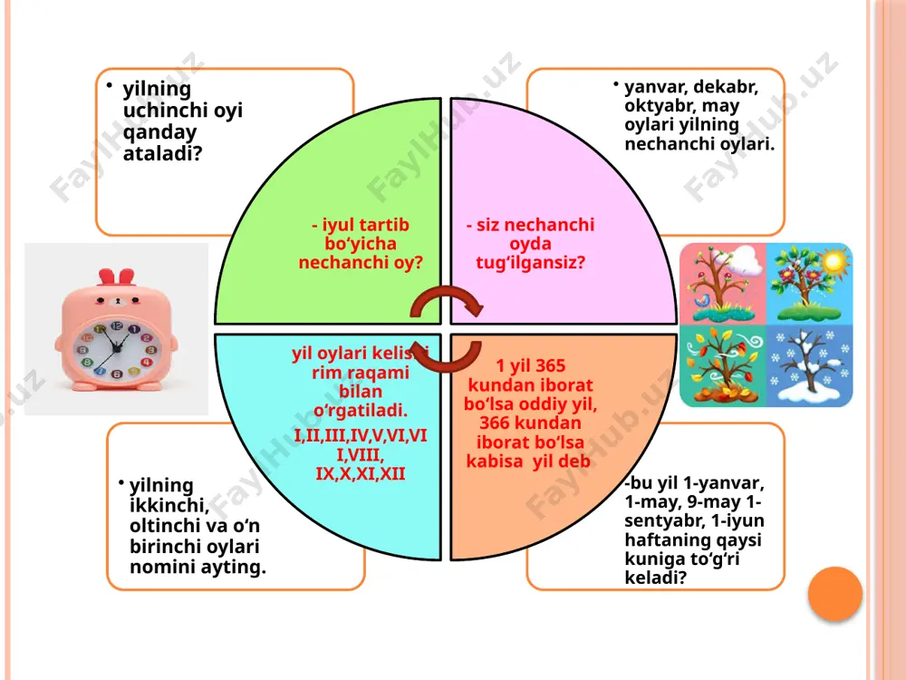 pud - 16 kg 1 qarich - 20 cm do‘l ≈ 90-100 kg 1 quloch - 1 metr 40 cm keli ≈ 3 - 4 kg 1 gaz (ba’zi joylarda zar ) ≈ 0,71 m 1 misqol - 500 gr 1 qadam - 170 cm 1 chorak - 4 kg 1 chaqirim - 1 km 1 qadoq = 409,512 g 1 tosh - 8 km 1 tirsak – 0,5 m shox tirsak 81,28 cm 1 tanob - 90 kv metr 1 botmon -20 kg suyash - 15,16 cm 3 ha 12 ar 70 m² = m² 50000 m² = ha 3 m² 7 dm² 15 cm² = cm² 1 km² 50 ha 40 ar = m² 2 km² 40 ha 20000 m² = ha propowerpoint.ru 2-sinfda x harf o’zgaruvchini belgilaydigan simvol sifatida kiritiladi va sodda masalalar o’rgatiladi 1. tayyorlov bosqich 10 ichida qo’shish va ayirishdagi noma’lum komponentlar topiladi 4+…=6, 5-…=2 …