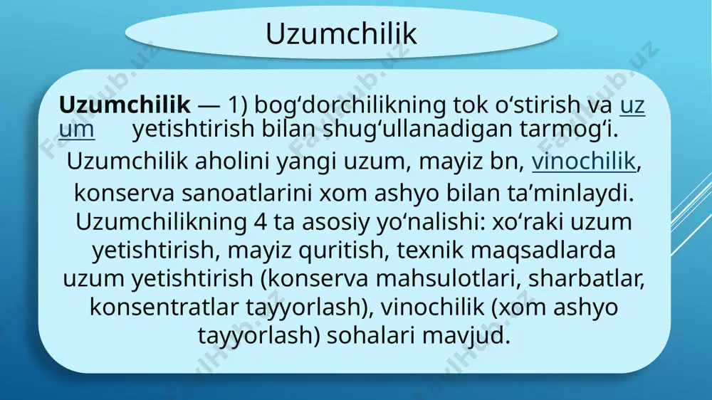 ‘q yashil, orqa tomoni tuksiz. guli ikki jinsli. uzum boshi cho‘ziq, 250-300 g, shingillari tig‘izligi o‘rtacha. g‘ujumi yirik, dumaloq, rangi tim qora, po‘sti yupqa, tarang, eti shirali, tarkibida 25–27% qand moddasi bor. oq husayni xalq selektsiyasida etishtirilgan o‘rtapishar xo‘raki uzum navi. vatani o‘rta osiyo. sharqiy ekologik-geografik navlar guruhiga kiradi. o‘zbekiston, tojikiston, turkmaniston, rossiyaning stavropolь o‘lkasi va boshqa joylarda tarqalgan. g‘ujumlarining shakliga qarab bir necha xillarga bo‘linadi. mo‘rchamiyon husayni, kelinbarmoq husayni, qizil husayni, lo‘nda husayni (kadu husayni) xillari ayniqsa ko‘p tarqalgan. parkent parakati, pushti parkati — o‘rtagi mahalliy xo‘raki uzum navi. xalq seleksiyasi (toshkent viloyati parkent tumani)da yaratilgan. sharqiy ekologik-geografik navlar guruhiga mansub. barglari o‘rtacha va yirik kattalikda, keng panjasimon yoki yumaloq shaklda, chetlari qirrali, ba’zan qirrasiz. guli ikki jinsli. uzum boshi yirik, tsilindrsimon, zichligi o‘rtacha. g‘ujumi yirik, dumaloq-oval shaklda, to‘q-qizil yoki to‘q pushti rang charos erta o‘rtapishar mahalliy, xo‘raki uzum navi. o‘rta osiyoda keng tarkalgan. sharqiy ekologik-geografik navlar guruhiga kiradi. …