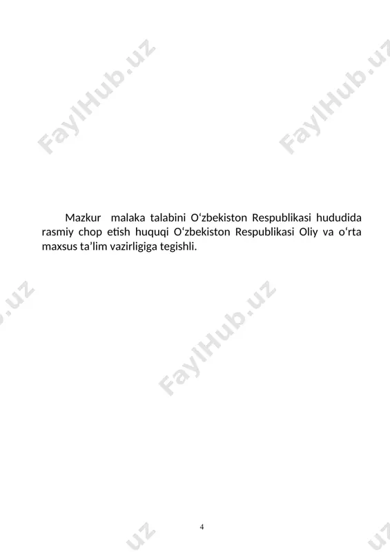 kompetensiyasiga qo‘yiladigan talablar: ptm bitiruvchisi quyidagi umumiy kompetensiyalarga ega bo‘lishi kerak: uk-1. kasbiy faoliyat doirasida vujudga keladigan turli masalalar echimini topish usullarini tanlay olish; uk-2. rahbar tomonidan belgilangan maqsadga erishish uchun jamoada ishlay olish; uk-3. o‘zining kasbiy malakasini va shaxsiy kamolotini takomillashtirib borish; uk-4. jamoada va ma’lum vazifani bajarishga yo‘naltirilgan guruhda ishlash, hamkasblar, rahbarlar va mijozlar bilan samimiy, xushmuomala va samarali muloqot qilish; uk-5. ta’lim olgan tilida fikrini og‘zaki va yozma ravishda ravon bayon qilish; uk-6. umuminsoniy fazilatlarga ega bo‘lish, o‘z millatini va vatanini sevish, u bilan faxrlanish, milliy urf-odatlar, qadriyatlarni hurmat qilish; uk-7. professional vazifalarni samarali bajarish uchun zarur bo‘ladigan ma’lumotlarni qidirish; uk-8. kasbiy faoliyatida axborot-kommunikatsiya texnologiyalarini qo‘llash; uk-9. kasbga doir hujjatlar bilan ishlash; uk-10. kasbiy faoliyatda xavfsizlik texnikasi va mehnat muhofazasi qoidalariga amal qilish ko‘nikmalariga ega bo‘lish. uk-11. sanoat va nosanoat tashkilotlarda vujudga keladigan chiqindilarni atrof-muhitga zarar yetkazmaslik choralarini koʻrish va utilizatsiya qilish; uk-12. sohaga oid ekologik madaniyatga …