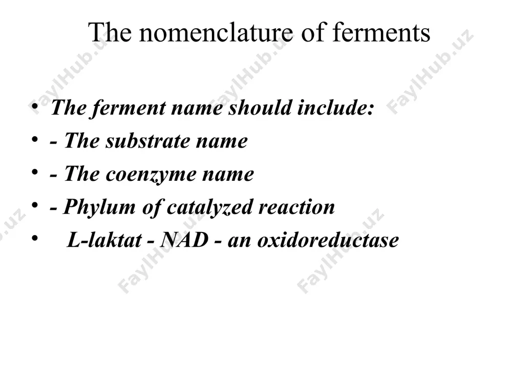 fermentlar оlchov birligi 1. halqaro birlik. 1 mikromol substrantni 1 daqiqada katalizlaydigan ferment miqdori. 2. solishtirma faollik: 1 mikromol substrantni 1 daqiqada katalizlaydigan ferment massasi (mgr), mkmolg’(min mg oqsil). 3. katal (kat). 1 mol substratni 1 soniyada katalizlovchi ferment miqdori (molg’soniya). izofermentlar bir xil funksiyani bajaruvchi, ammo fizik-kimyoviy hususiyatlari bilan farqlanuvchi fermentlar izofermentlar deyiladi. ular joylashishi bilan xam farqlanadi. masalan: ldg – 5 izoforma kfk – 3 izoforma kreatinfosfotransferaza, yoki kreatinfosfokinaza (kfk) 3 izofermenti - kfk1 –nerv tuqimasi, kfk2 - yurak, kfk3 – v mushak. agar mushak va nerv tuqimasi shikasti bоlmasa, kfk oshishi infarkt miokardlarda sodir bоladi . ldg1 yurak va eritrotsitlarga; ldg2 – buyrak; ldg3 – оpkada; ldg4 – jigarga, ldg5 – jigar va skelet mushakga xos. ldg fermentini qaysi fraksii oshisiga qarab kaysi a’zoda shikastlanganligini bilish mumkin. fermentativ reaksiya tezligini susaytiruvchi omillar ingibitorlar deb nomladi quidagi 2 turdagi ingibirlanish tafovutlanadi: 1.qaytar ingibirlanish e+j ↔ ej 2. qaytmas …
