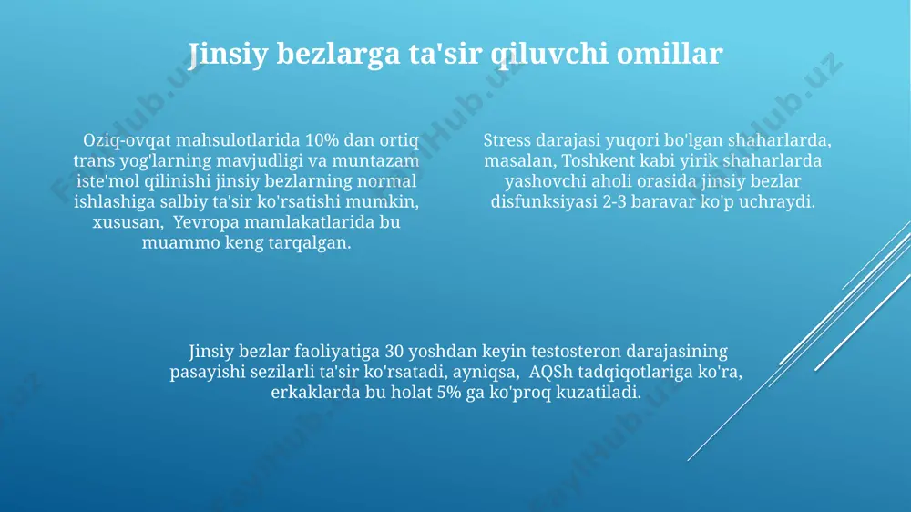 ratoni erkaklar o'rtasida tez-tez uchraydigan saraton kasalliklaridan biri bo'lib, 50 yoshdan oshgan erkaklar orasida 1000 kishidan 5-10 tasiga tashxis qo'yiladi, vaqt o'tishi bilan siyish bilan bog'liq muammolar va boshqa jiddiy asoratlarni keltirib chiqarishi mumkin. gorizontal ravishda joylashgan jinsiy bezlarning (masalan, tuxumdonlarning) kistalari, ayniqsa 30-40 yoshli ayollarda, aqsh statistikasiga ko'ra, 1000 kishidan 20-30 tasida uchraydi, va ulardan ba'zilari og'riqsiz bo'lsa-da, ba'zilari jarrohlikni talab qilishi mumkin. jinsiy bezlarning yallig'lanishi, masalan, epididimit, dunyo bo'ylab 100 000 kishidan 10-20 tasiga ta'sir qiladi va og'riq, shish va isitma kabi alomatlar bilan namoyon bo'ladi, ba'zi hollarda jarrohlik aralashuvni talab qilishi mumkin. gormonlar ishlab chiqarish erkaklarda testosteron gormonini asosan moyaklar ishlab chiqaradi, uning miqdori yosh, sog'liq holati va atrof-muhit omillariga bog'liq bo'lib, o'rtacha 300 dan 1000 ng/dl gacha o'zgarib turadi. ayollarda tuxumdonlar estrogen va progesteron gormonlarini ishlab chiqaradi, bu gormonlarning darajasi hayot davomida, ayniqsa 40-50 yosh oralig'ida, sezilarli darajada o'zgaradi. gormonlar ishlab chiqarish jarayoni murakkab bo'lib, gipotalamusning …