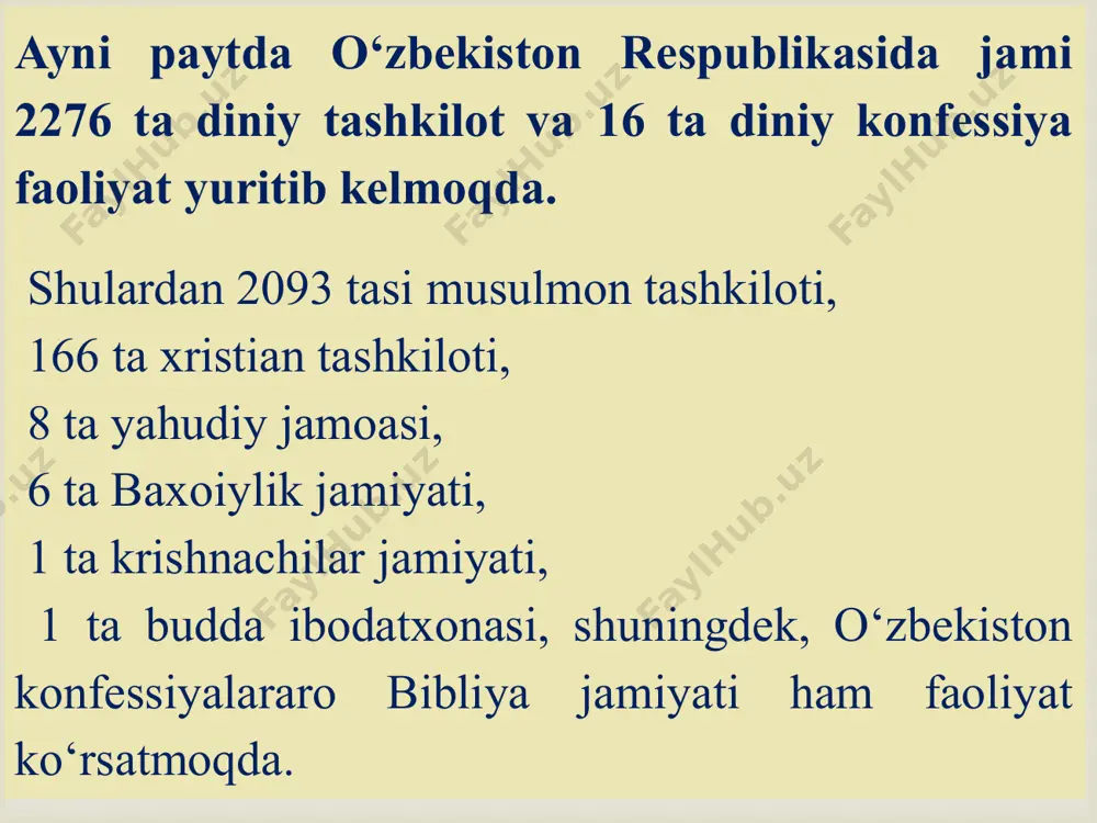 germaniyada 3,5 million, buyuk britaniyada 1,5, italiyada 1 milliondan ortiq musulmonlar yashaydi. yevropa ittifoqi bo`yicha jami dinga e’tiqod qiluvchilarning 15 millioni musulmonlardan iborat. hozirgi kunda ularning soni 50 million atrofida.  diniy bag‘rikenglik barcha dinlarning ezgulik g‘oyalariga asoslanishi vijdon erkinligi turli din va konfessiyalarning bir-birlariga o‘zaro hurmat bilan qarashi barcha din vakillarining hamkorligi va hamjihatligi diniy partiyalar tuzishga yo‘l qo‘ymasligi e’tiqod erkinligi turli din va konfessiyalarning teng huquqligi diniy – ma’naviy qadriyatlarni e’zozlash diniy qarashlarni majburan singdirishga yo‘l qo`ymaslik barcha dindorlarning siyosiy jarayonlarda teng, fuqaro sifatida ishtrok etishi  1992-yili vazirlar mahkamasining “o`zbekiston respublikasi vazirlar mahkamasi huzuridagi din ishlari bo‘yicha qo‘mita tashkil etish to‘g‘risida”gi qarori qabul qilindi. vazirlar mahkamasining “bahouddin naqshband tavalludining 675 yilligiga tayyorgarlik ko`rish va uni o‘tkazish haqida”gi qarori qabul qilindi. 1995-y. vazirlar mahkamasining “az-zamaxshariyning 920 yilligi va najmiddin kubroning 850 yilligi o`tkazish” bo`yicha farmoyish chiqdi. 1996-y. toshkentda evangel-xristian cherkovining 100 yilligi nishonlandi. nemis evangel-lyuteranlar cherkovining (kirxasi)ning 100 …